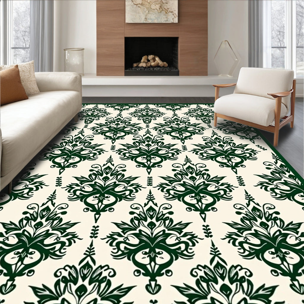 Deep Green Damask Pattern Design Rug