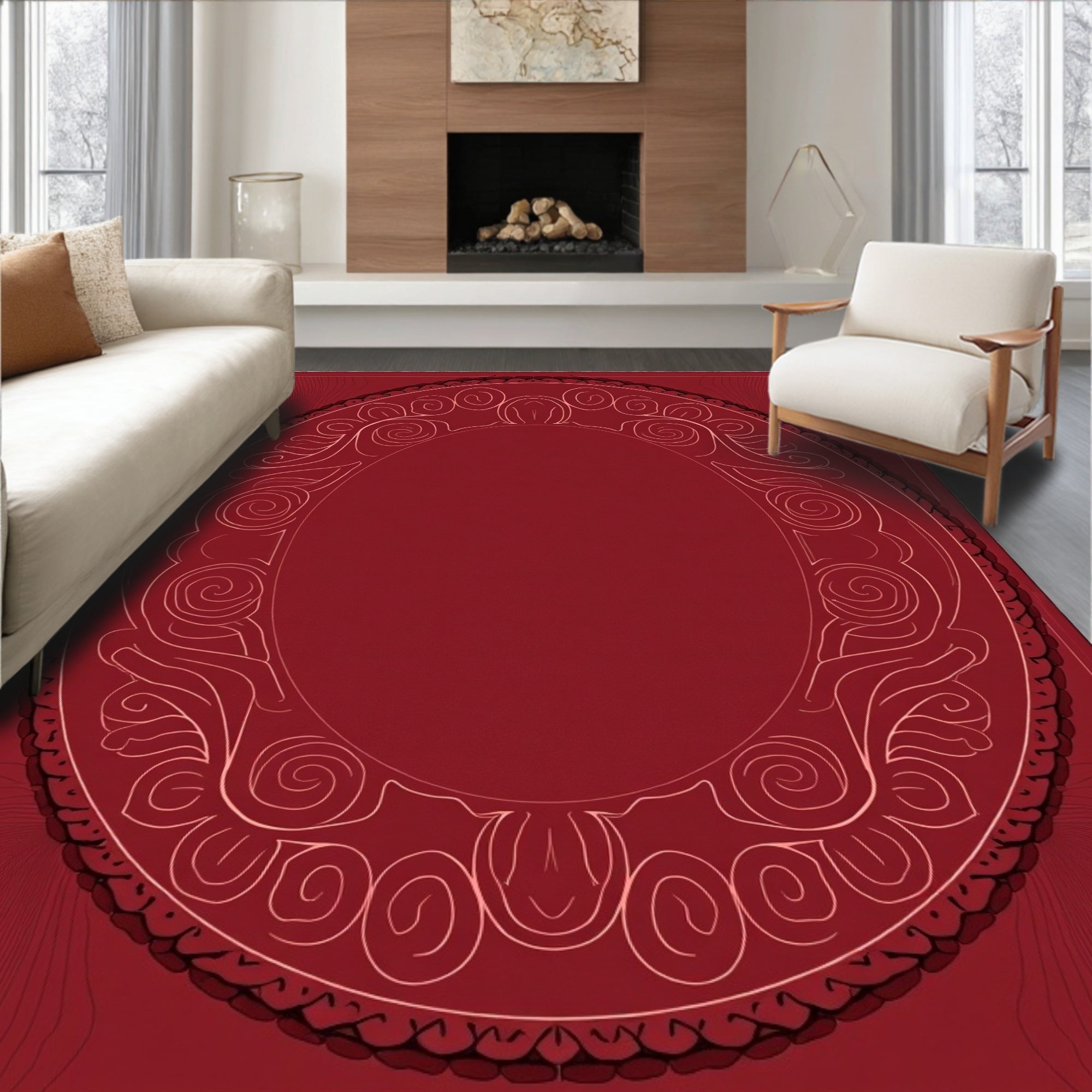 Elegant Red Floral Scroll Medallion Rug