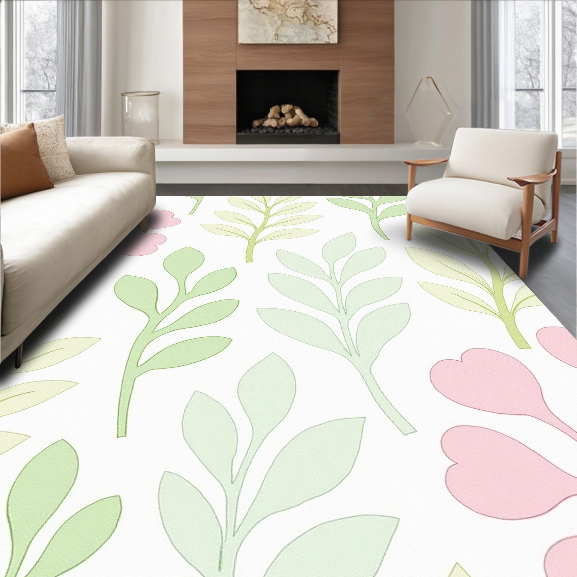 Soft Pastel Leafy Branches Pattern Rug