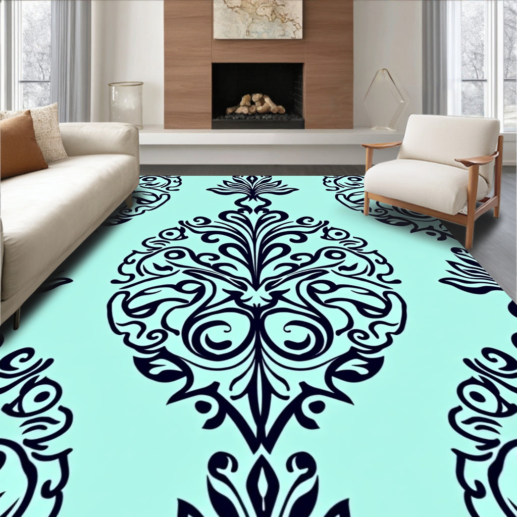 Elaborate Navy Damask Pattern Design Rug