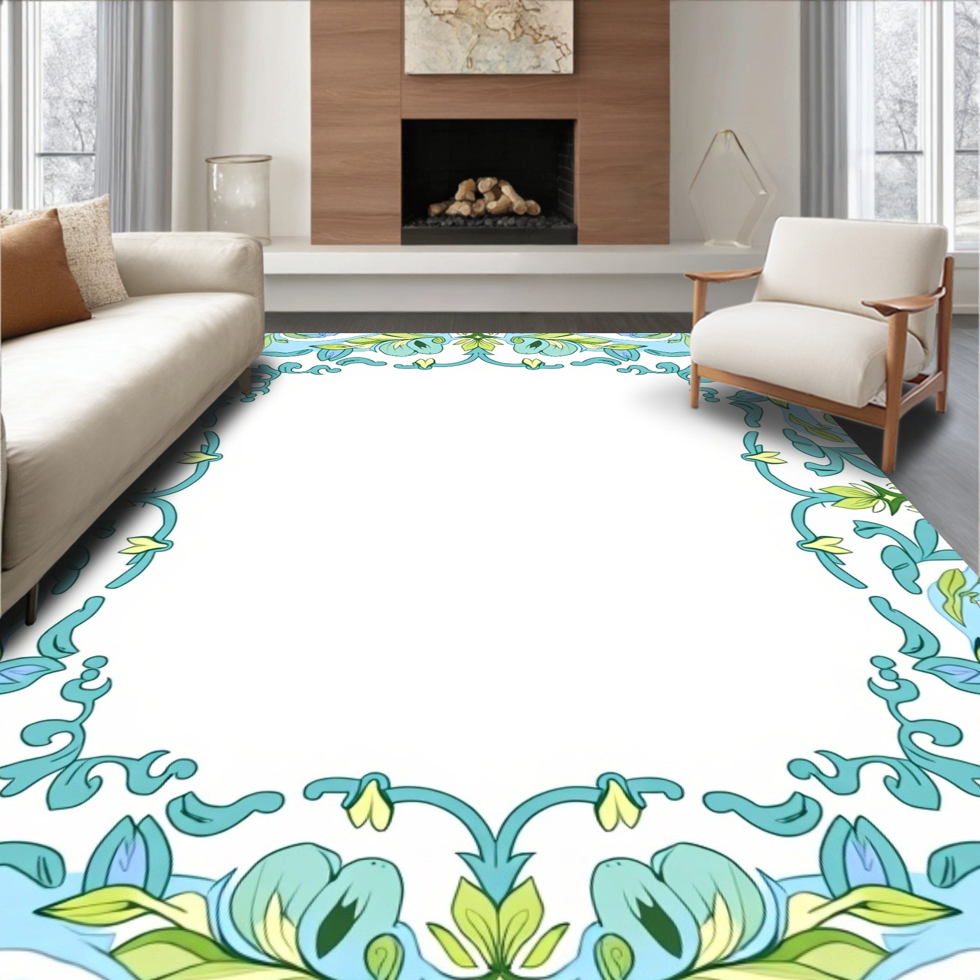 Ornate Floral Swirls Border Pattern Rug