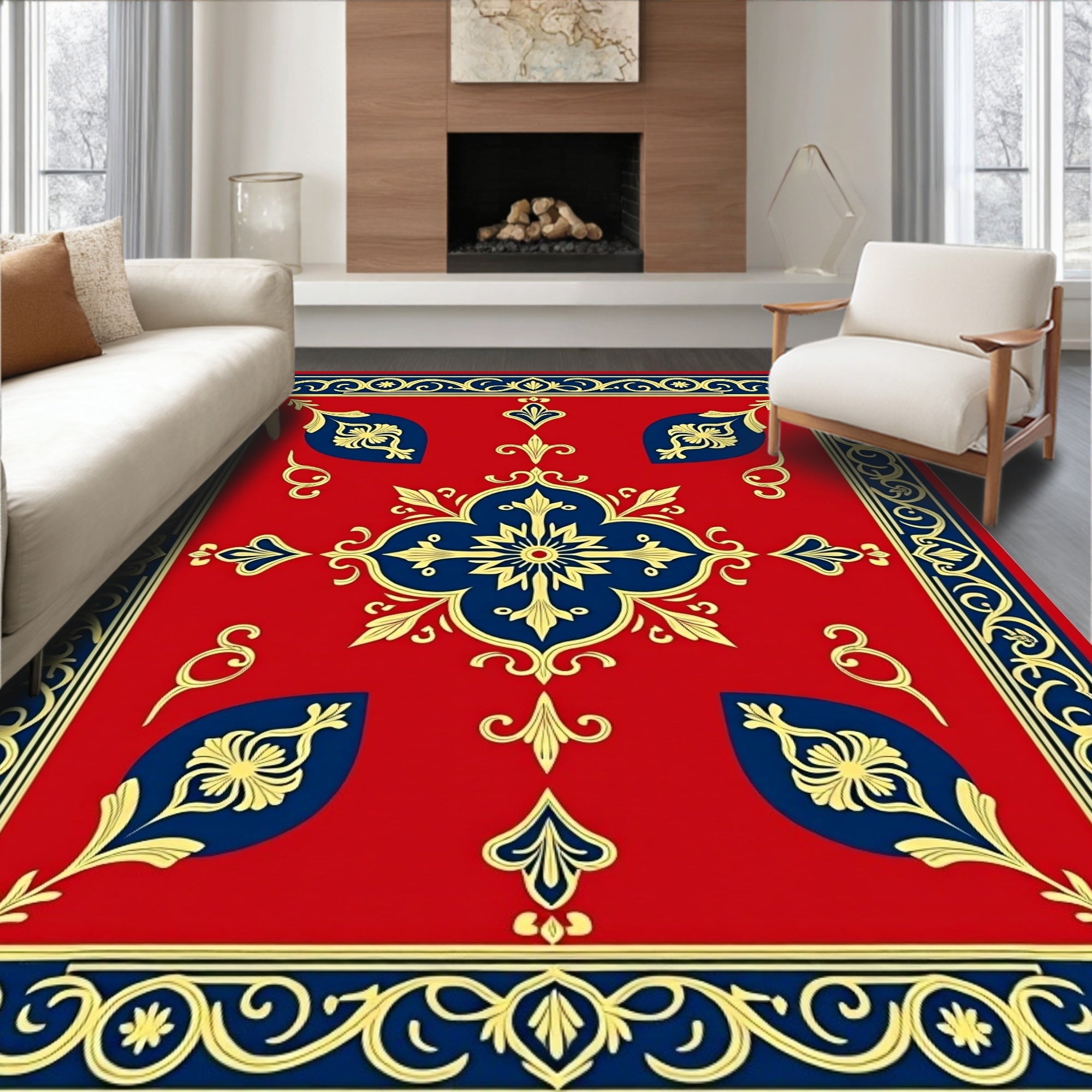 Ornate Red Blue Gold Floral Design Rug