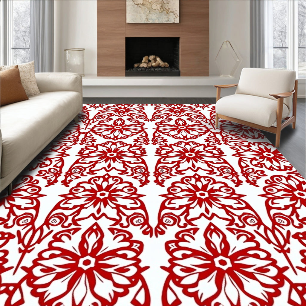 Classic Red Floral Damask Pattern Rug