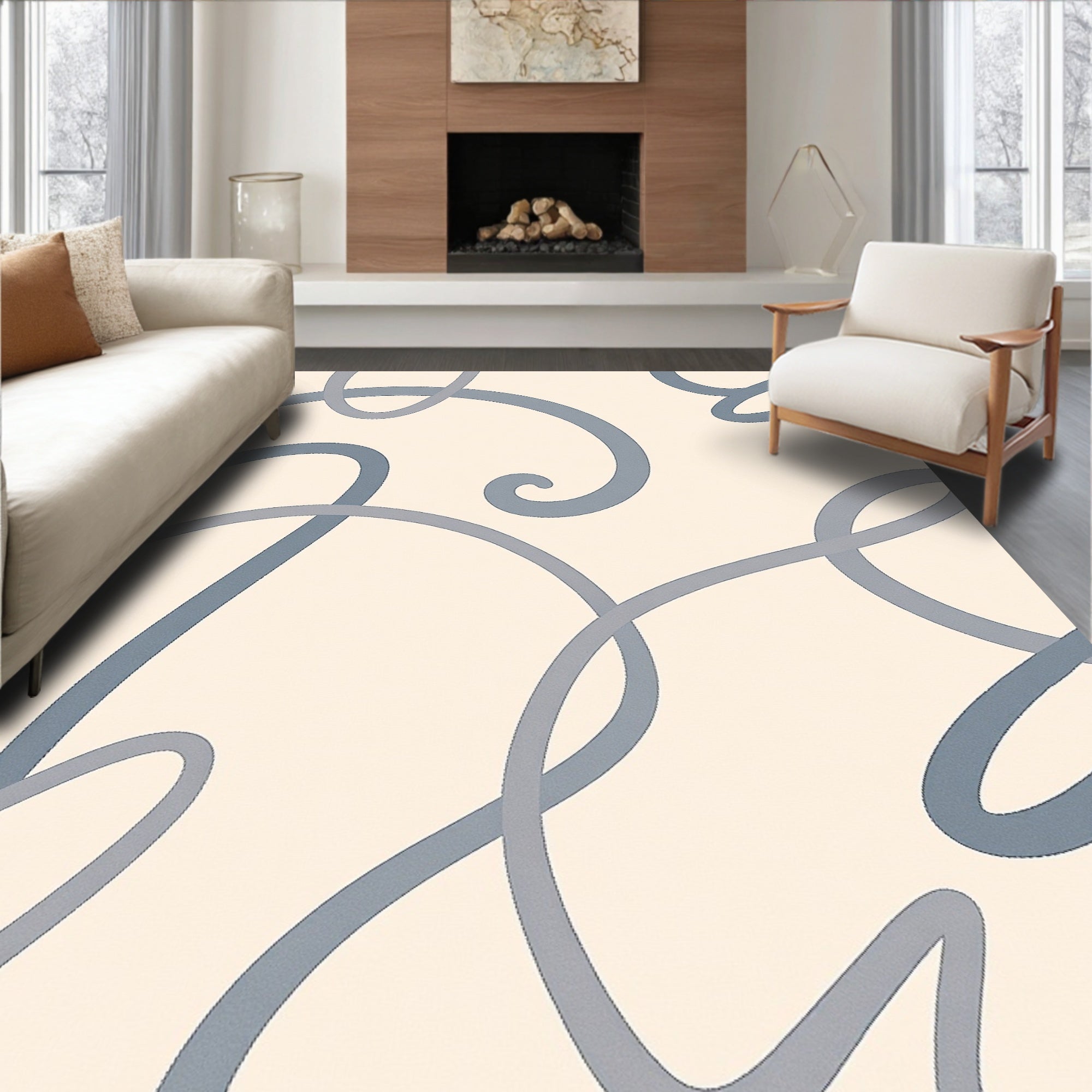 Modern Swirl Abstract Cream Rug