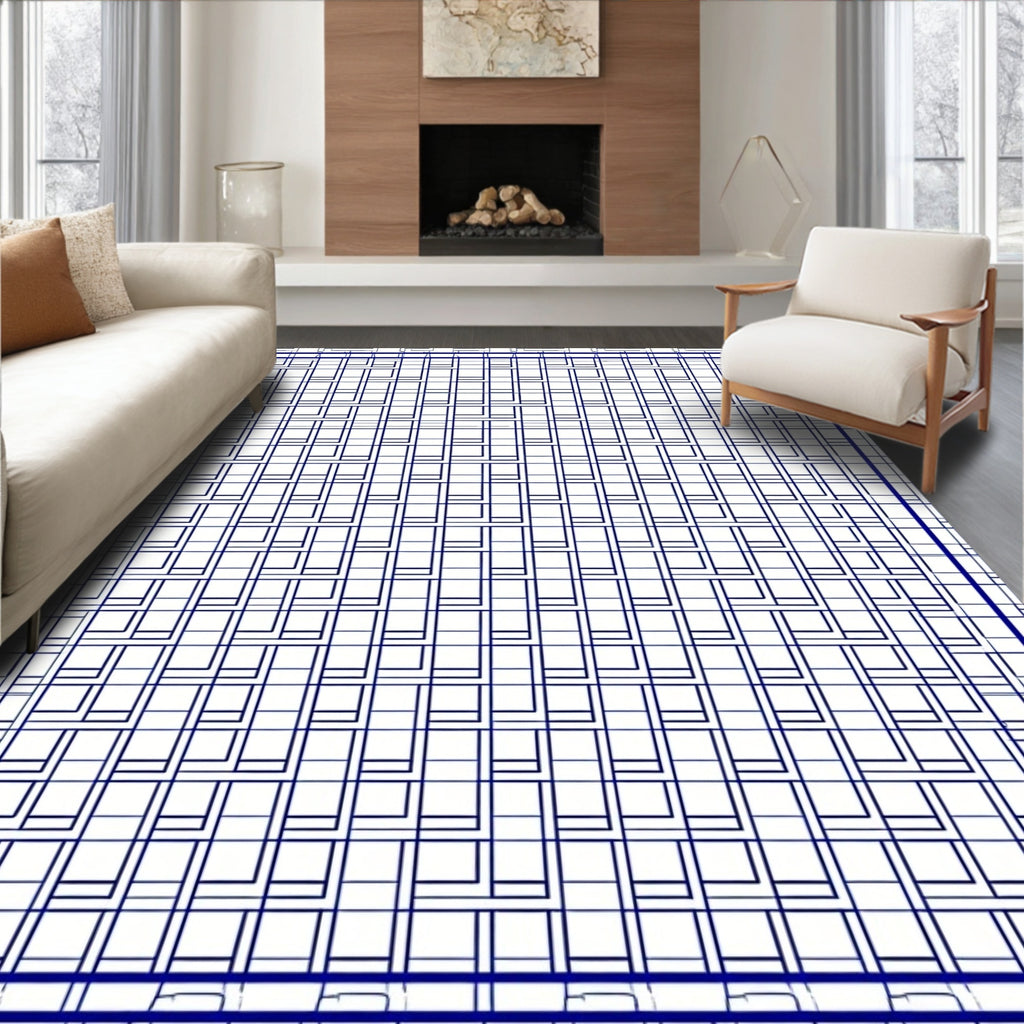 Bold Blue Interlocking Square Pattern Rug