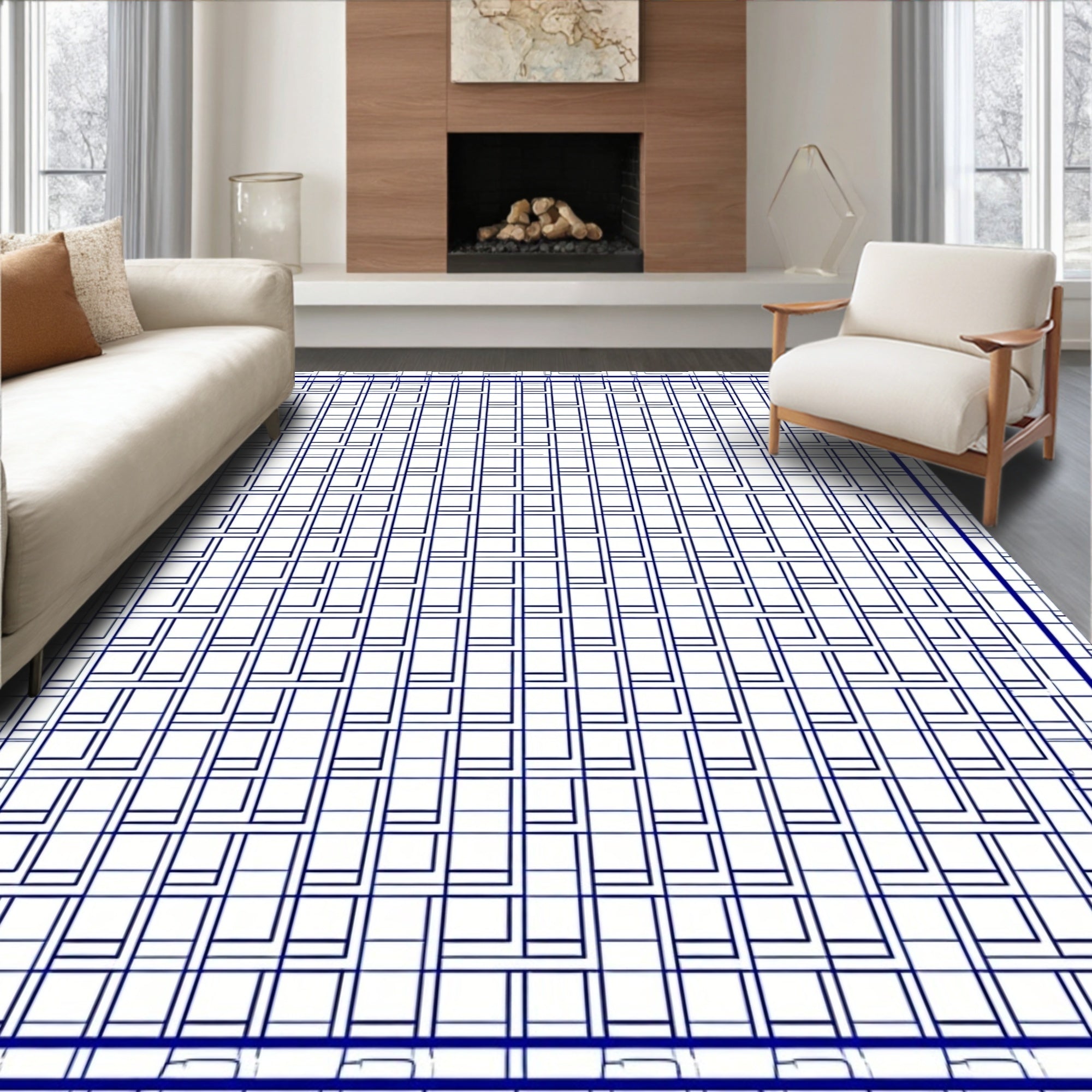 Bold Blue Interlocking Square Pattern Rug
