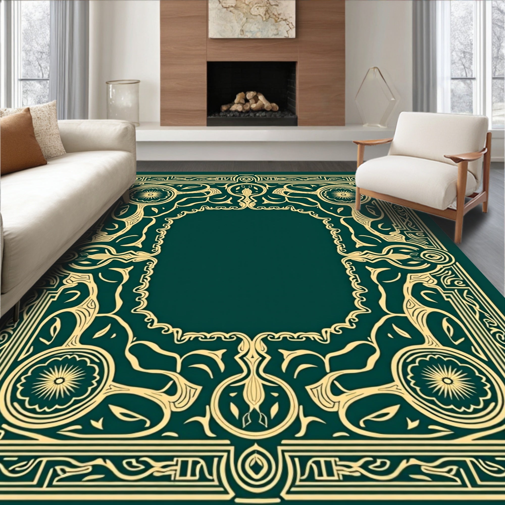 Ornate Golden Floral Border Design Rug