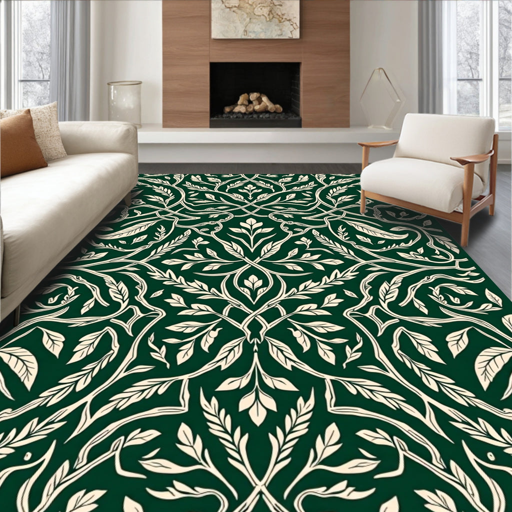 Forest Green Cream Vine Pattern Rug
