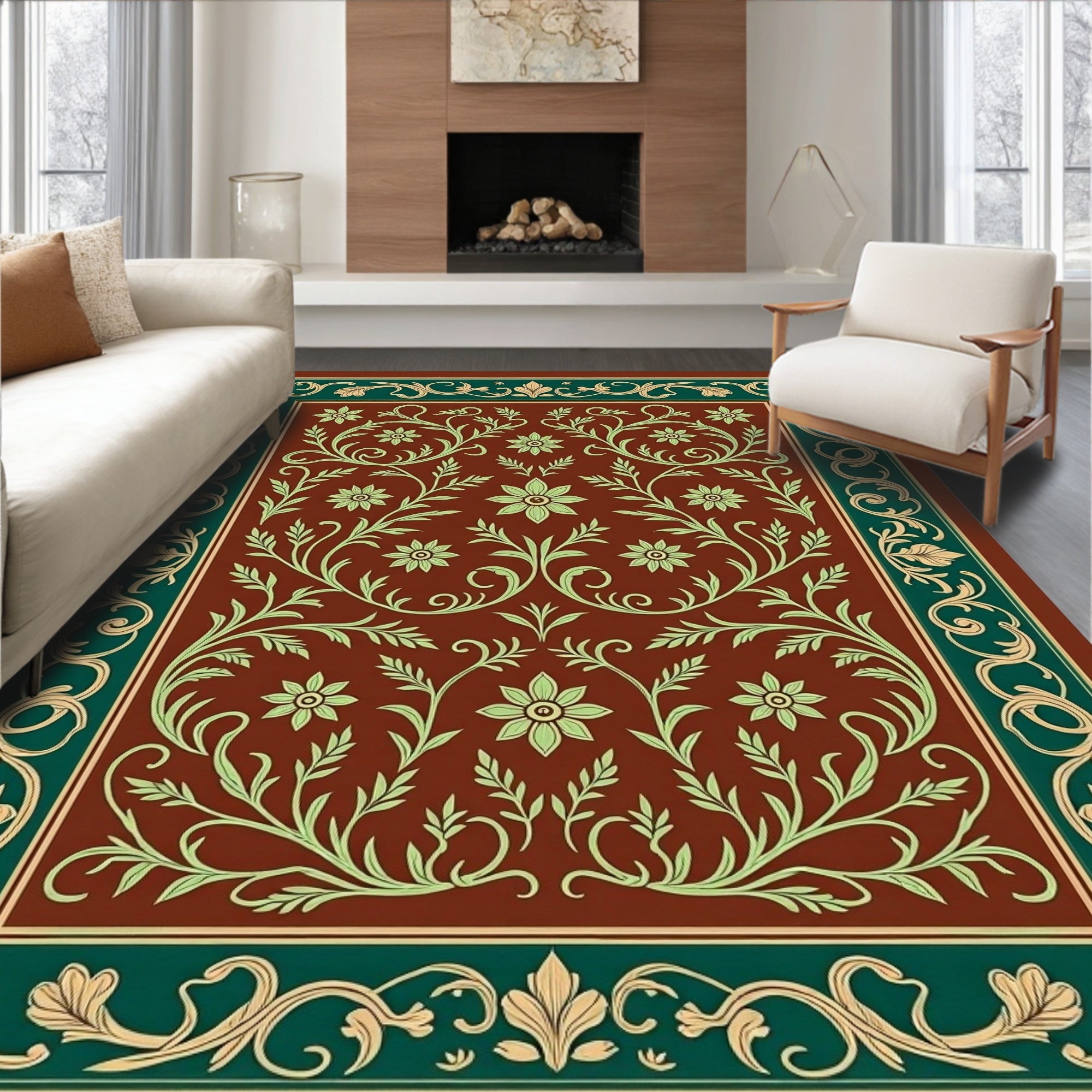 Traditional Floral Vine Border Rug