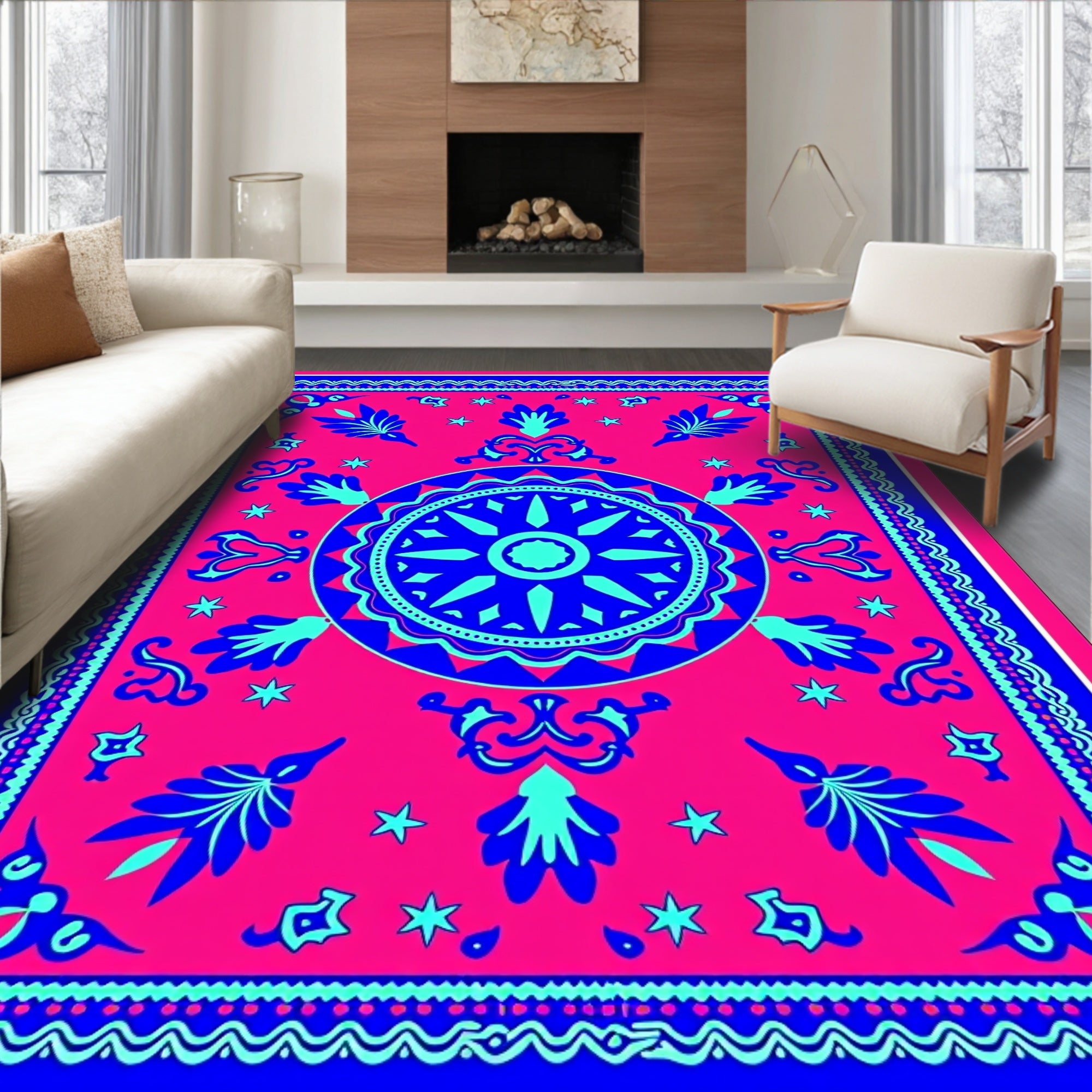 Vibrant Pink Blue Mandala Folk Rug