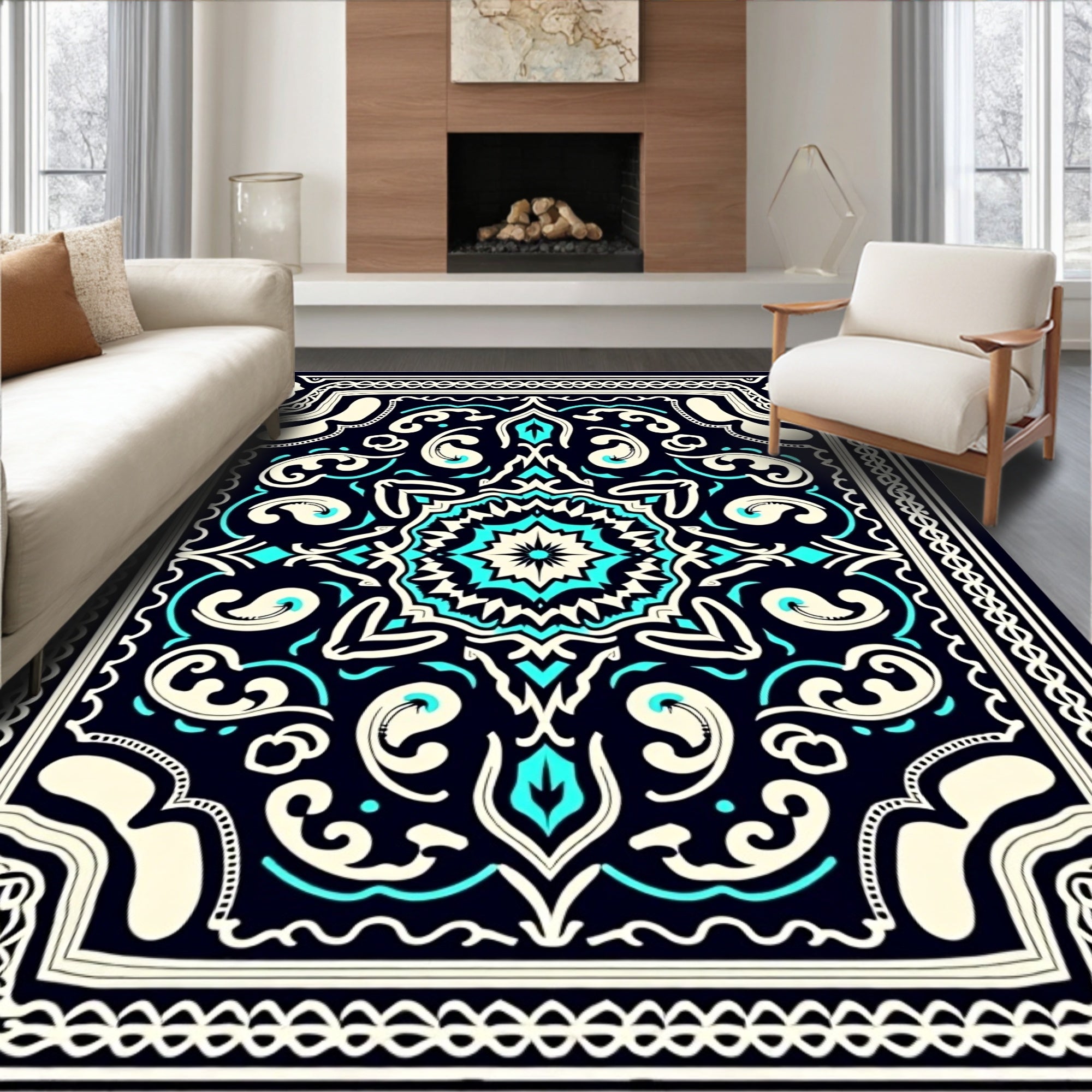 Midnight Blue Floral Medallion Pattern Rug