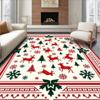 Red Green Reindeer Snowflake Forest Border Rug