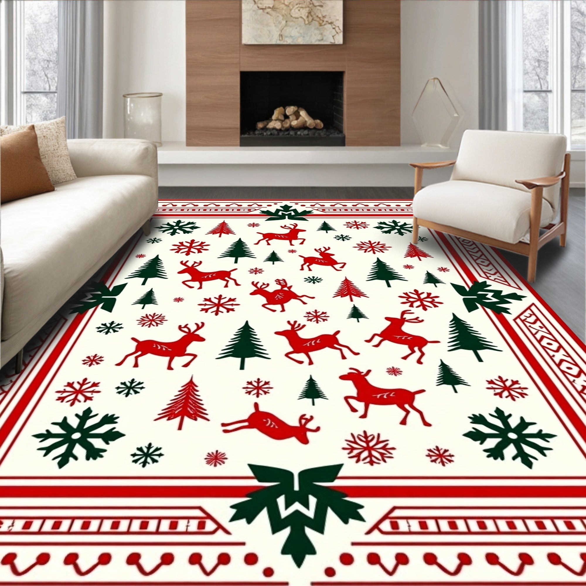 Red Green Reindeer Snowflake Forest Border Rug