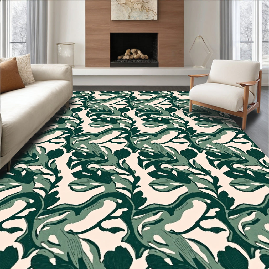 Earthy Green Abstract Leaf Pattern Rug