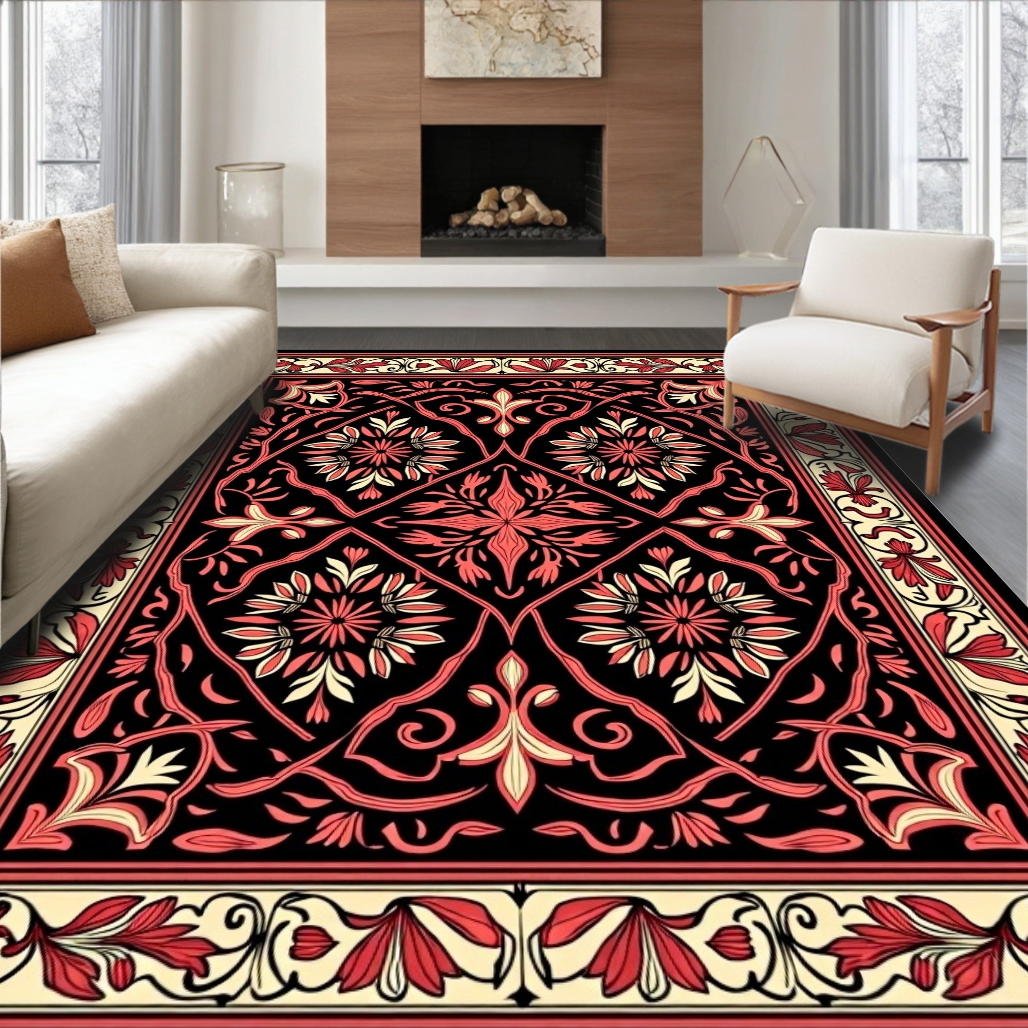 Intricate Floral Scrollwork Red Pattern Rug