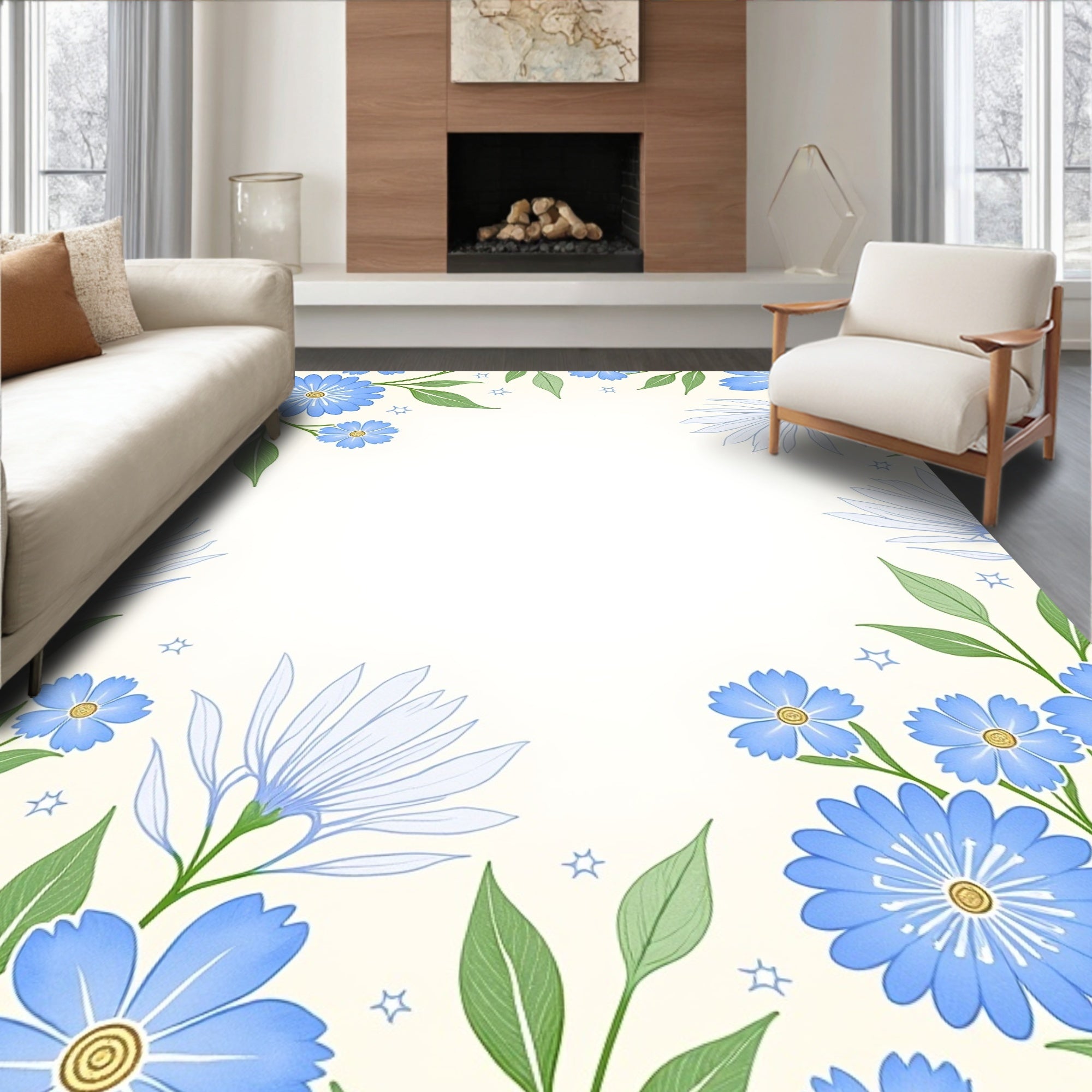 Blue Daisy Floral Nature Design Rug
