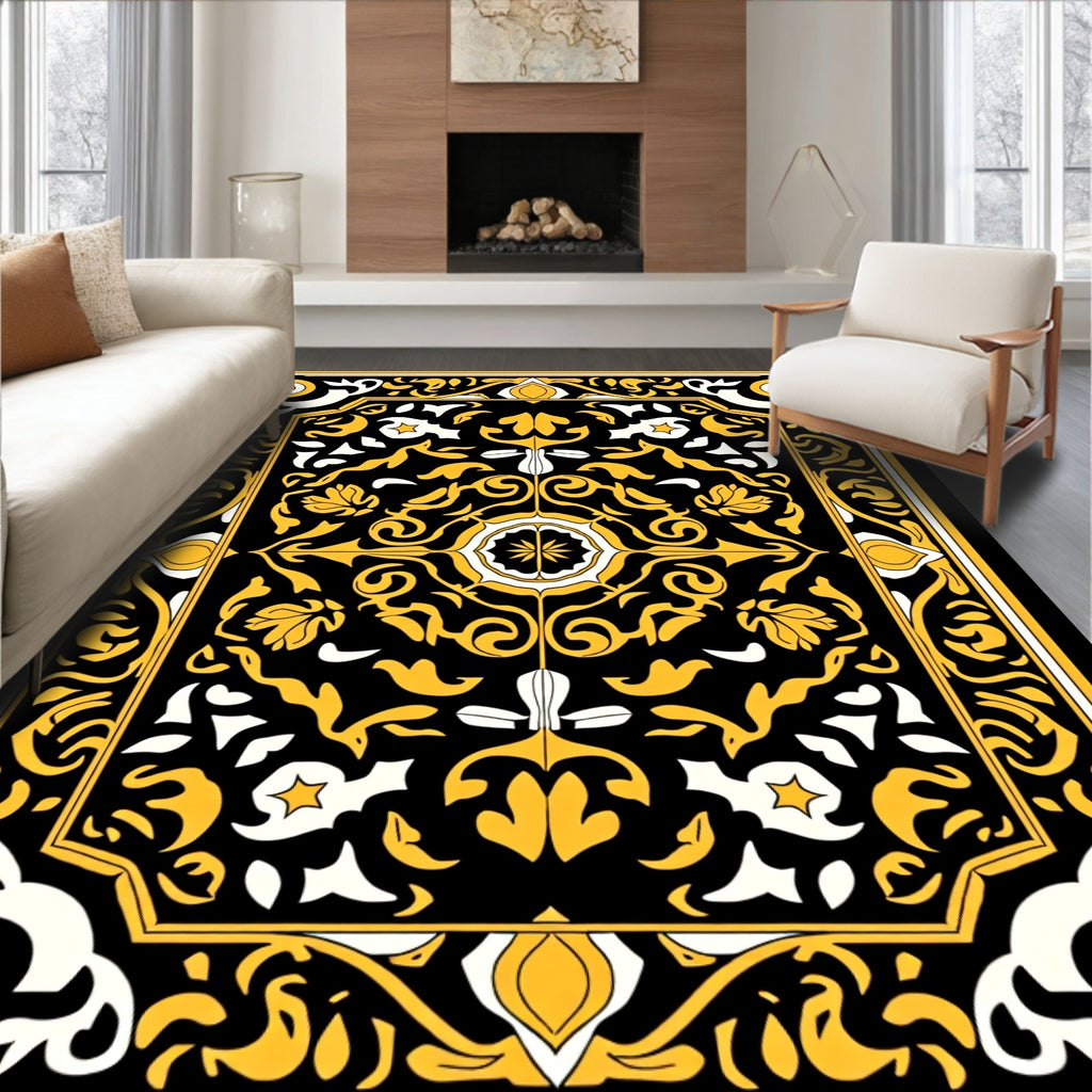 Elegant Black Gold Floral Pattern Rug