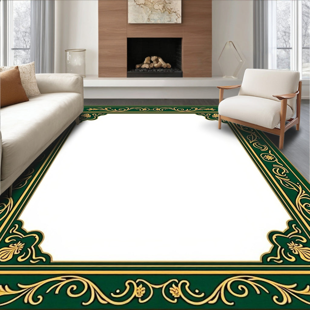 Emerald and Gold Ornate Floral Border Rug
