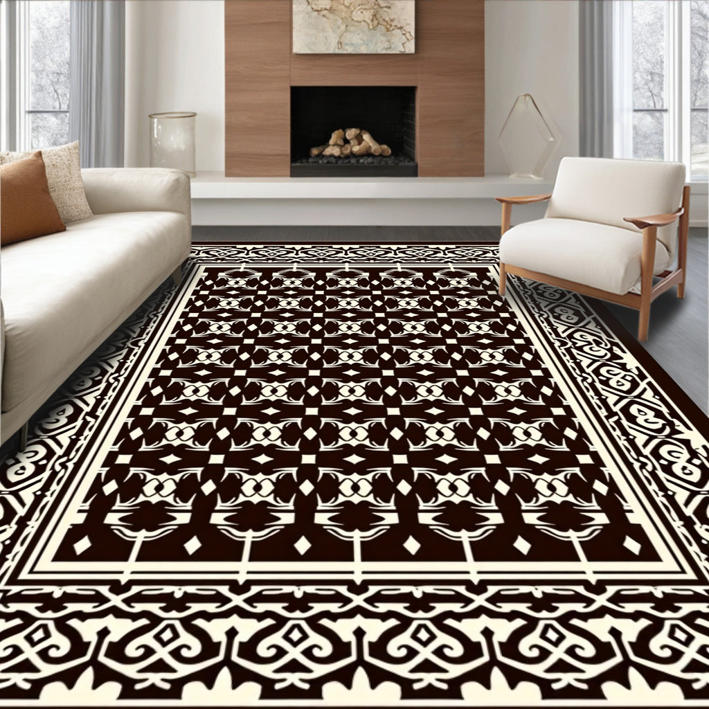 Intricate Black and Cream Geometric Pattern Rug