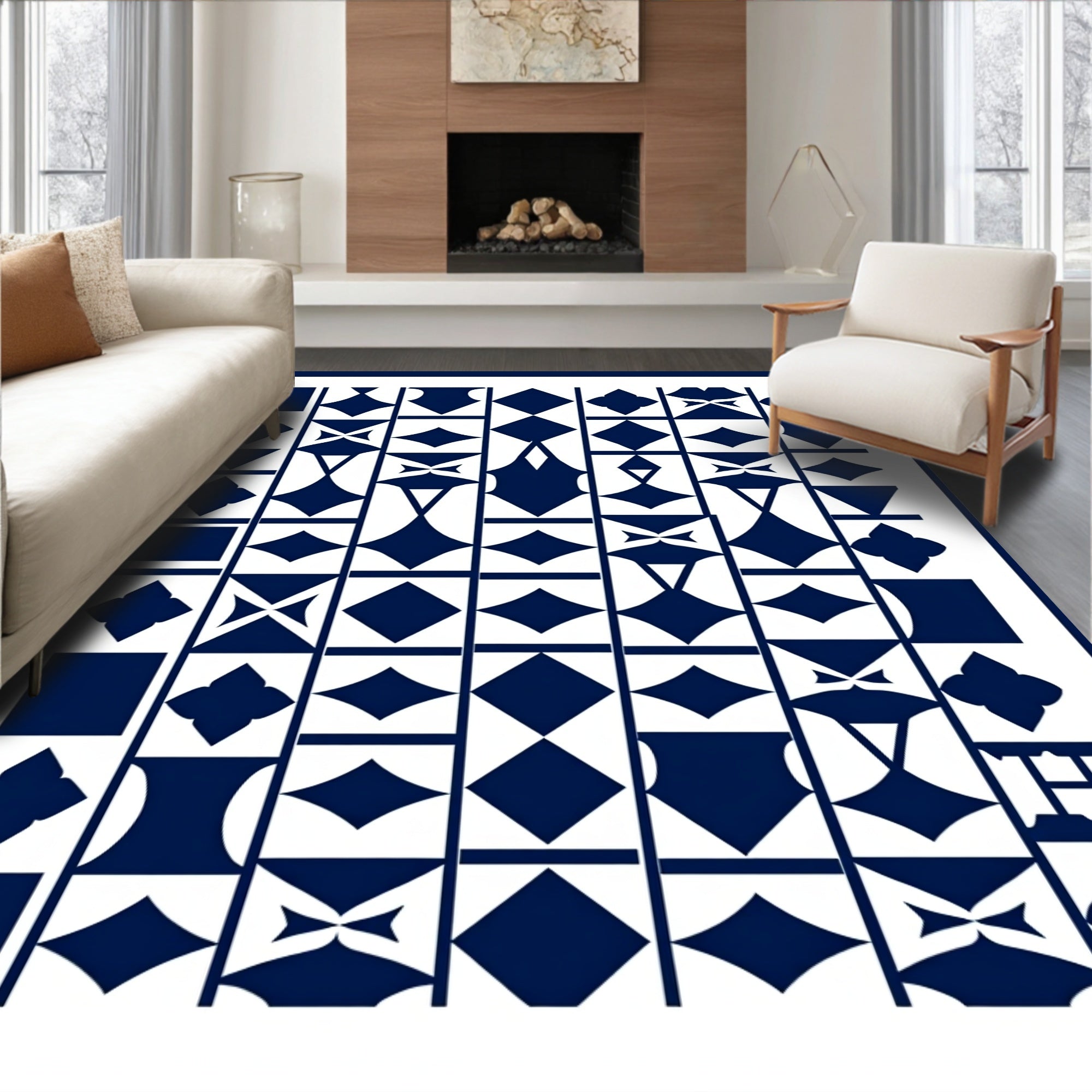 Geometric Abstract Blue White Pattern Rug