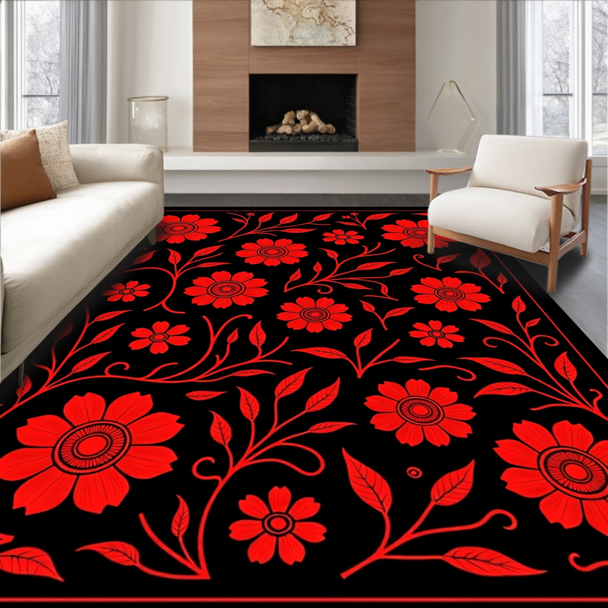 Red Floral Vine Pattern Rug