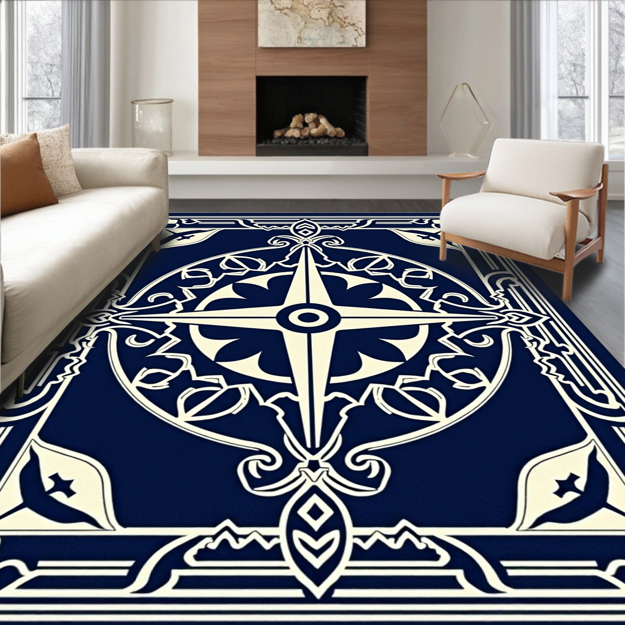 Classic Navy Compass Rose Design Rug