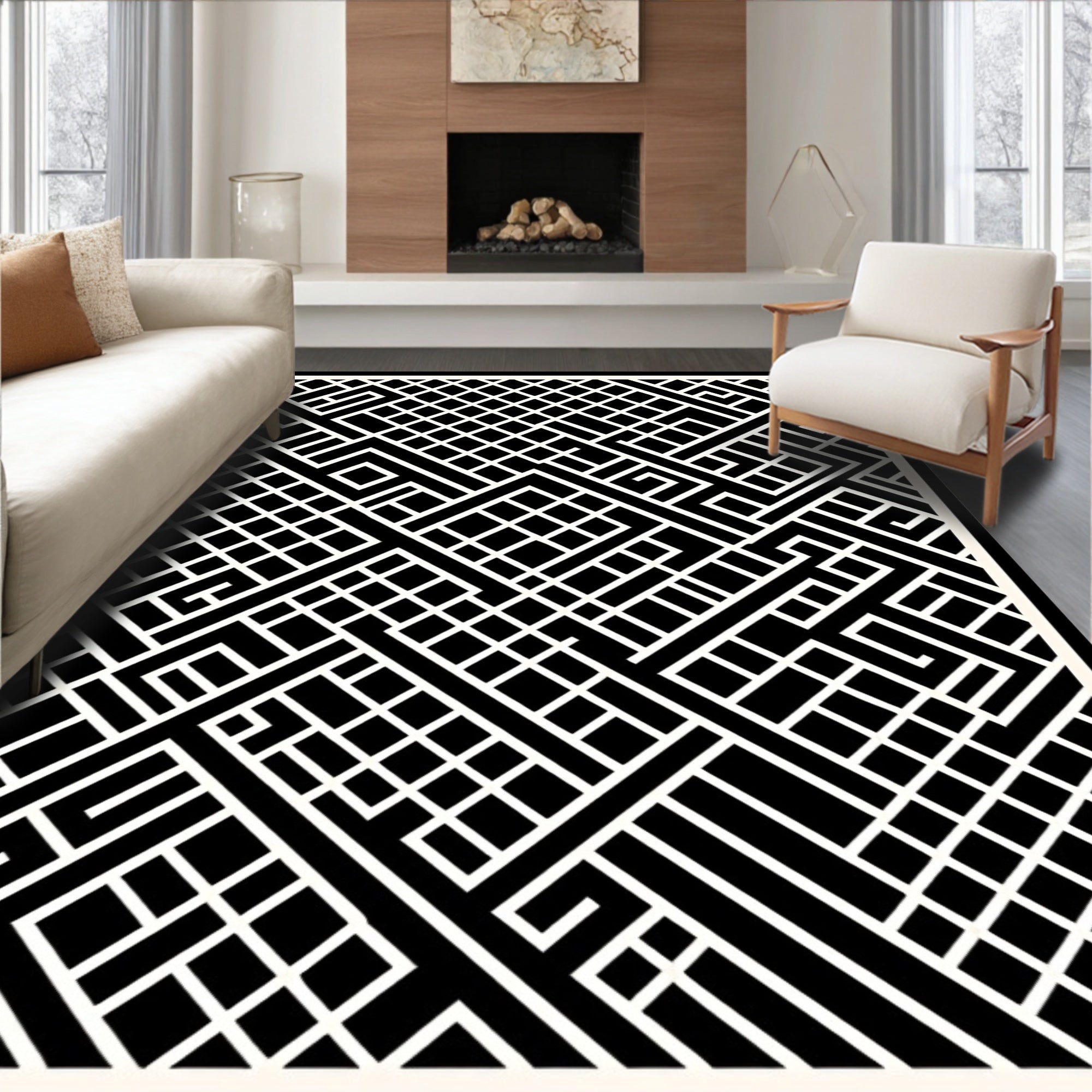 Monochrome Geometric Grid Pattern Rug