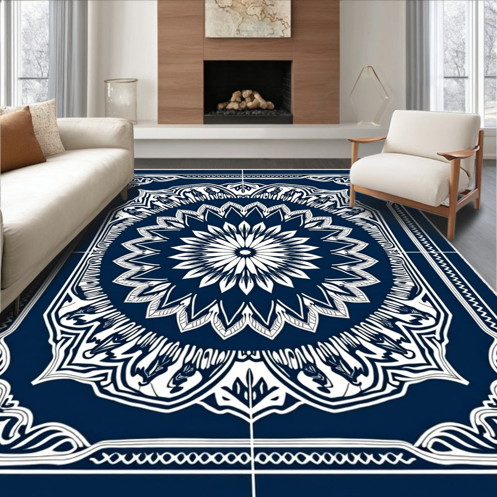 Deep Blue White Intricate Mandala Pattern Rug