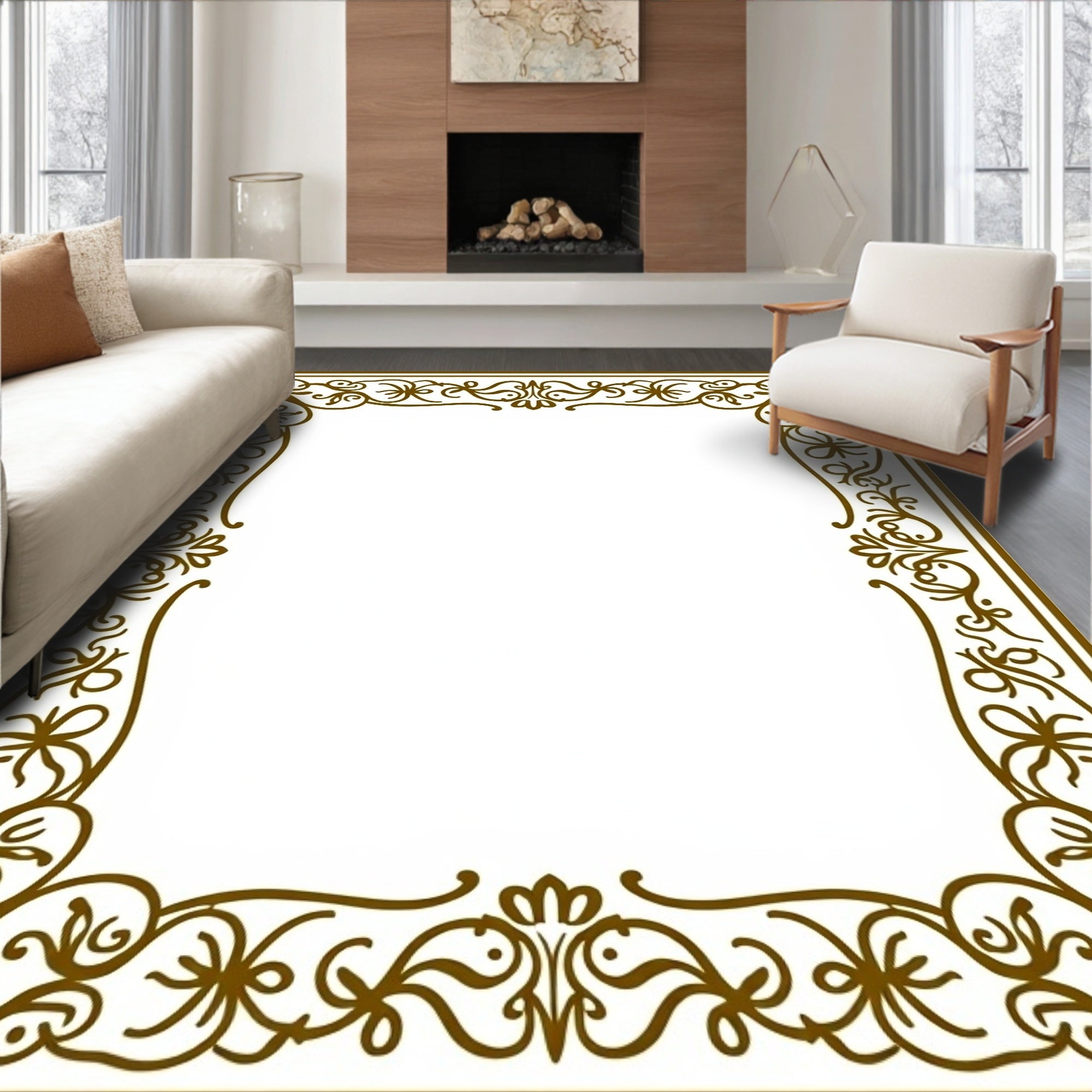 Ornate Floral Scrollwork Border Design Rug