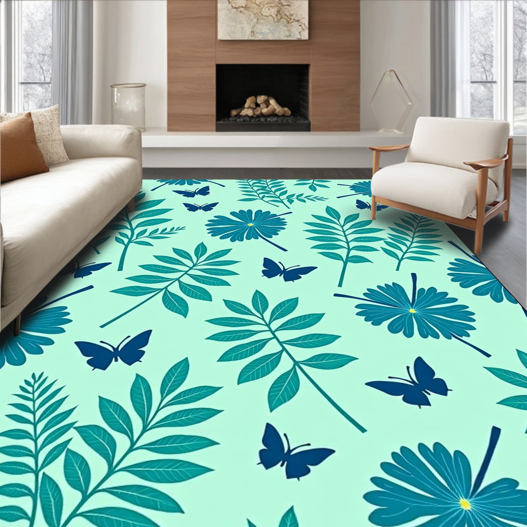 Teal Flora And Butterfly Pattern Rug