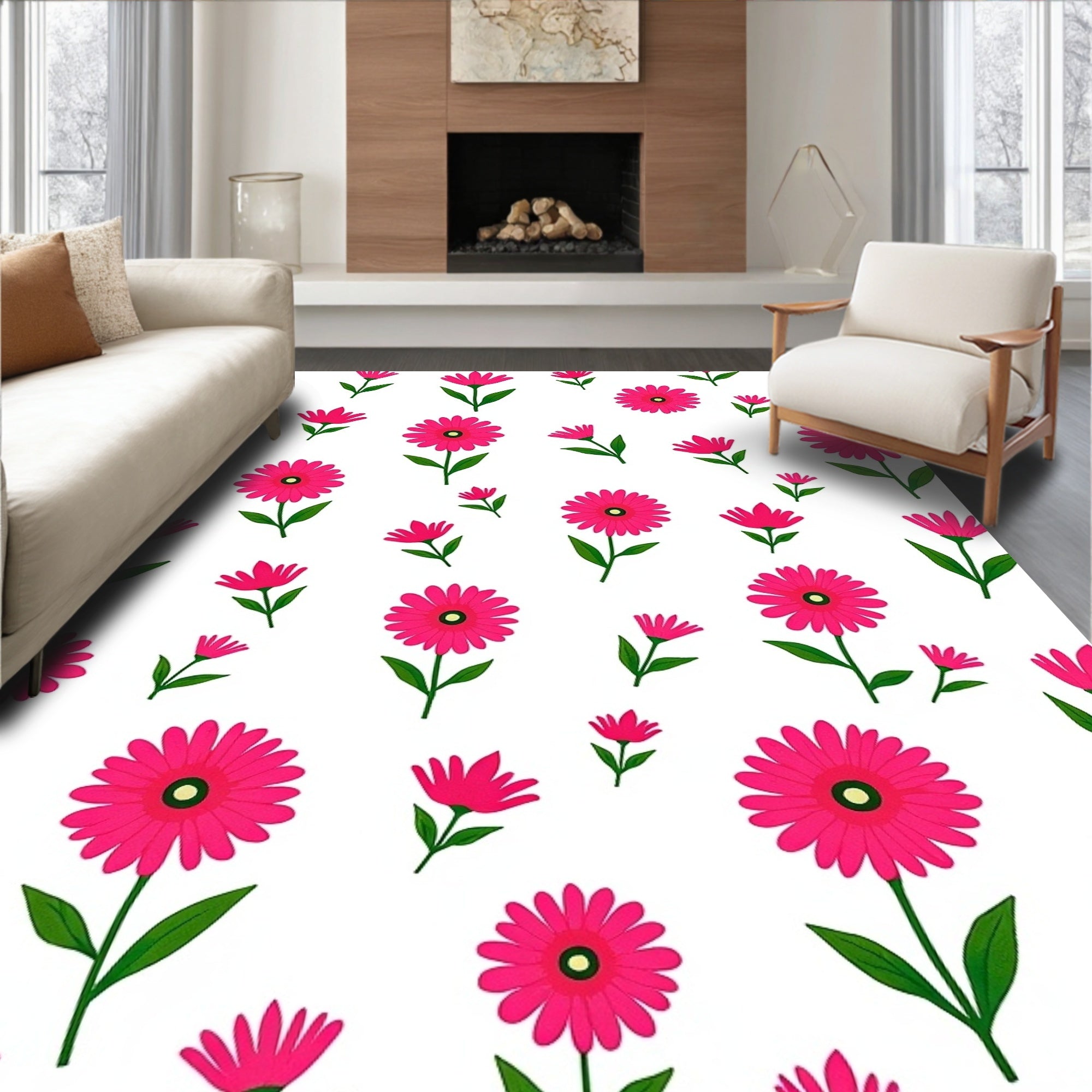 Bright Pink Daisy Pattern Rug