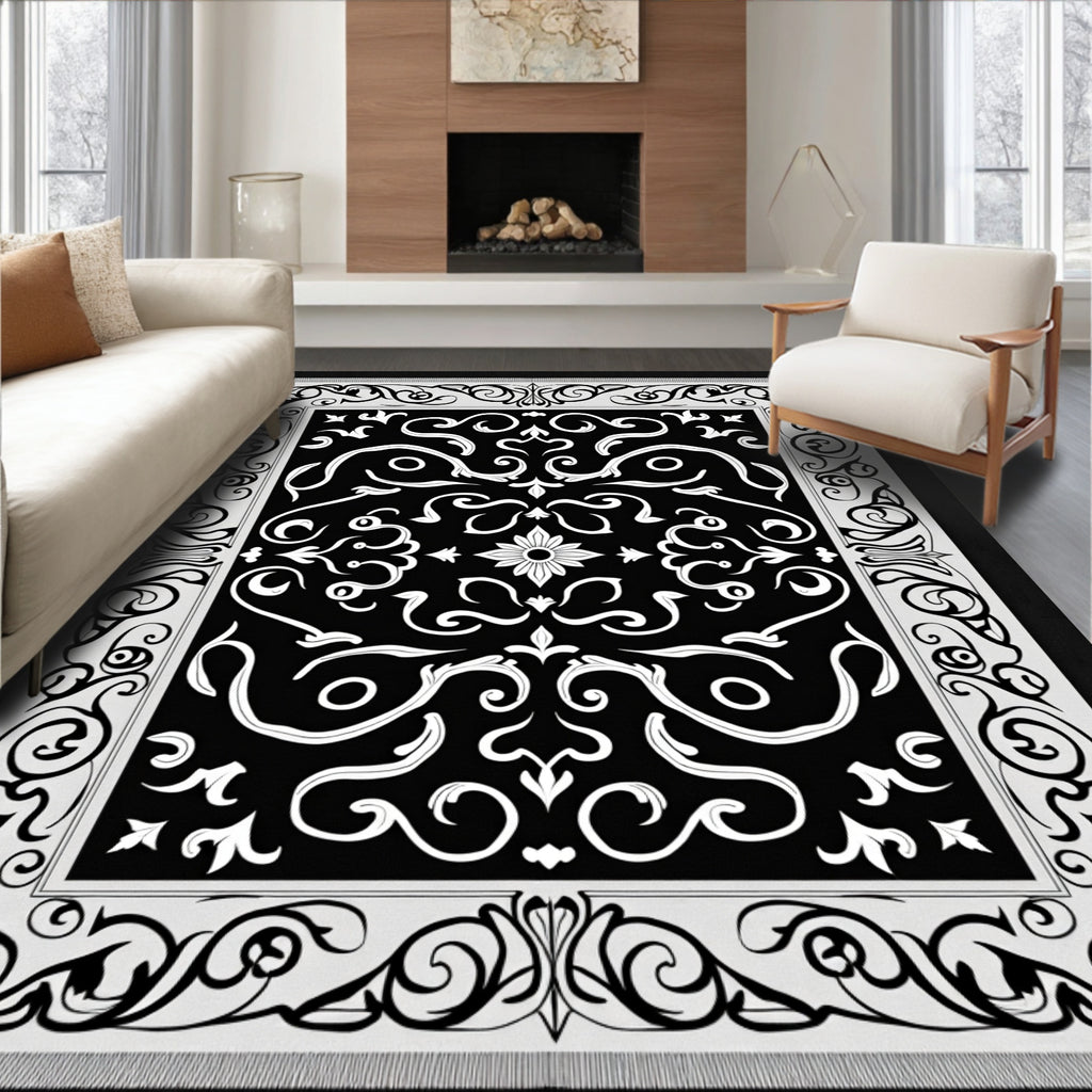 Ornate Black White Swirl Pattern Rug