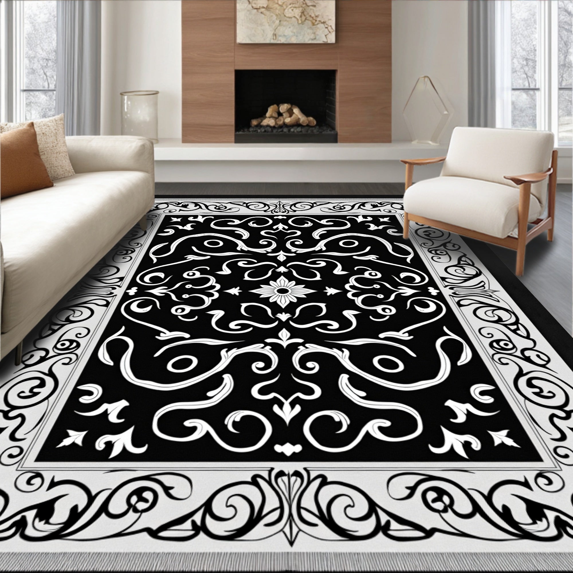 Ornate Black White Swirl Pattern Rug