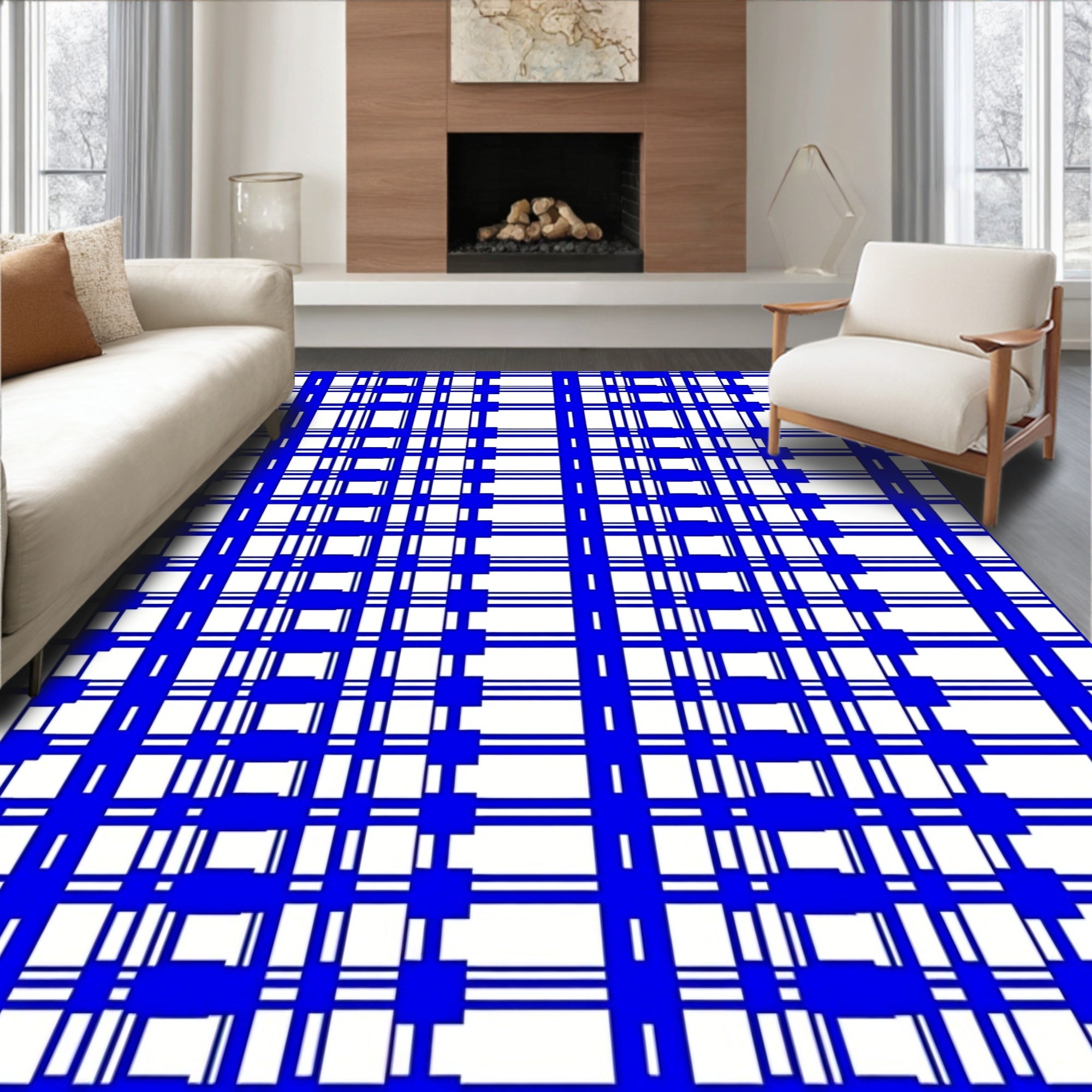 Bold Blue Geometric Plaid Rug