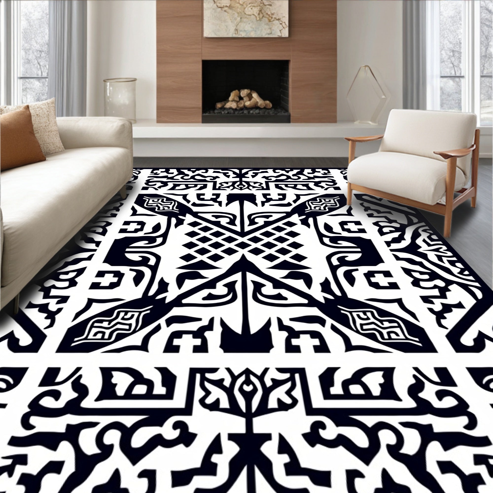 Bold Black White Geometric Motif Rug