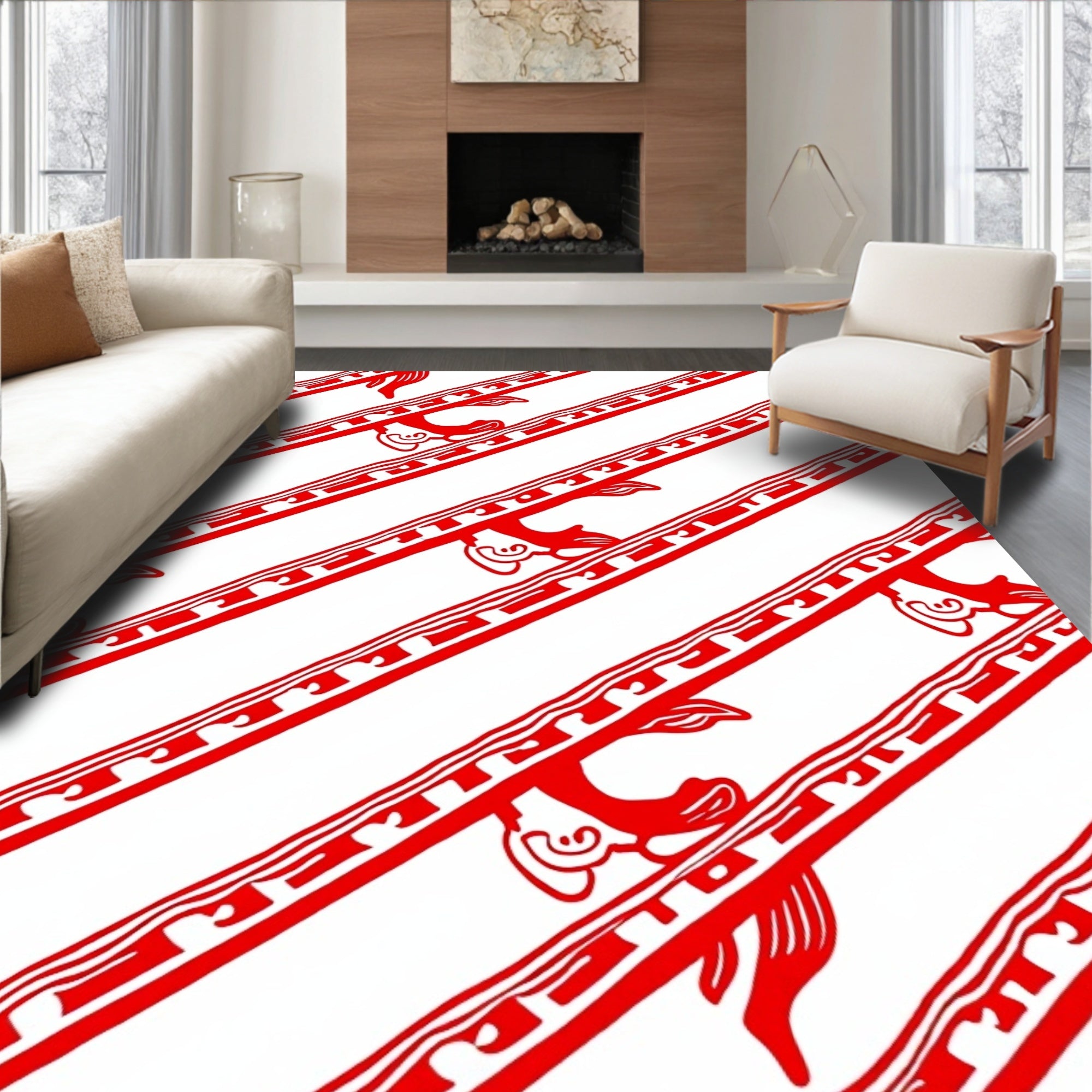 Bold Red Graphic Dragon Stripe Rug