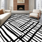 Modern Black White Intersecting Lines Pattern Rug