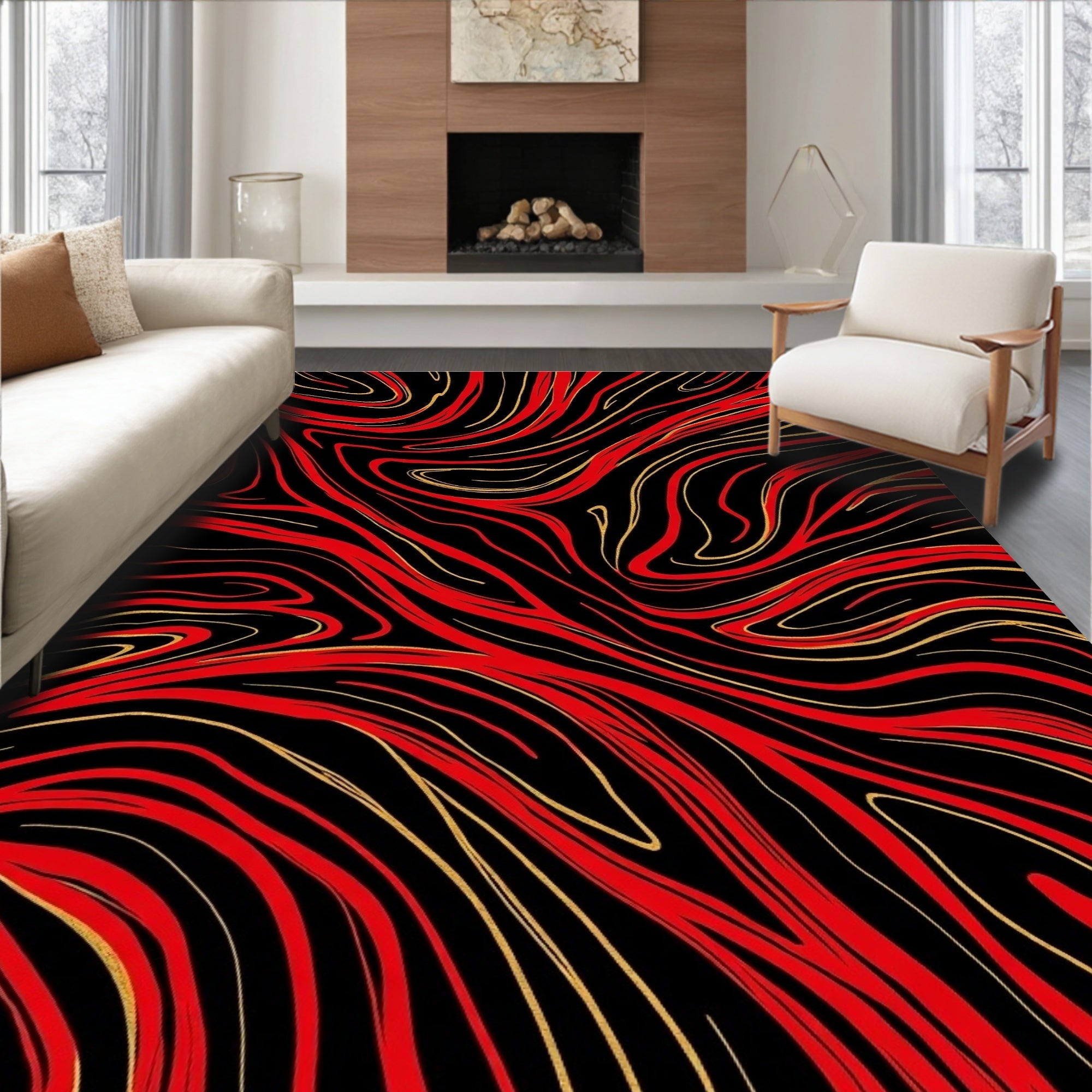 Striking Red Gold Swirl Pattern Rug