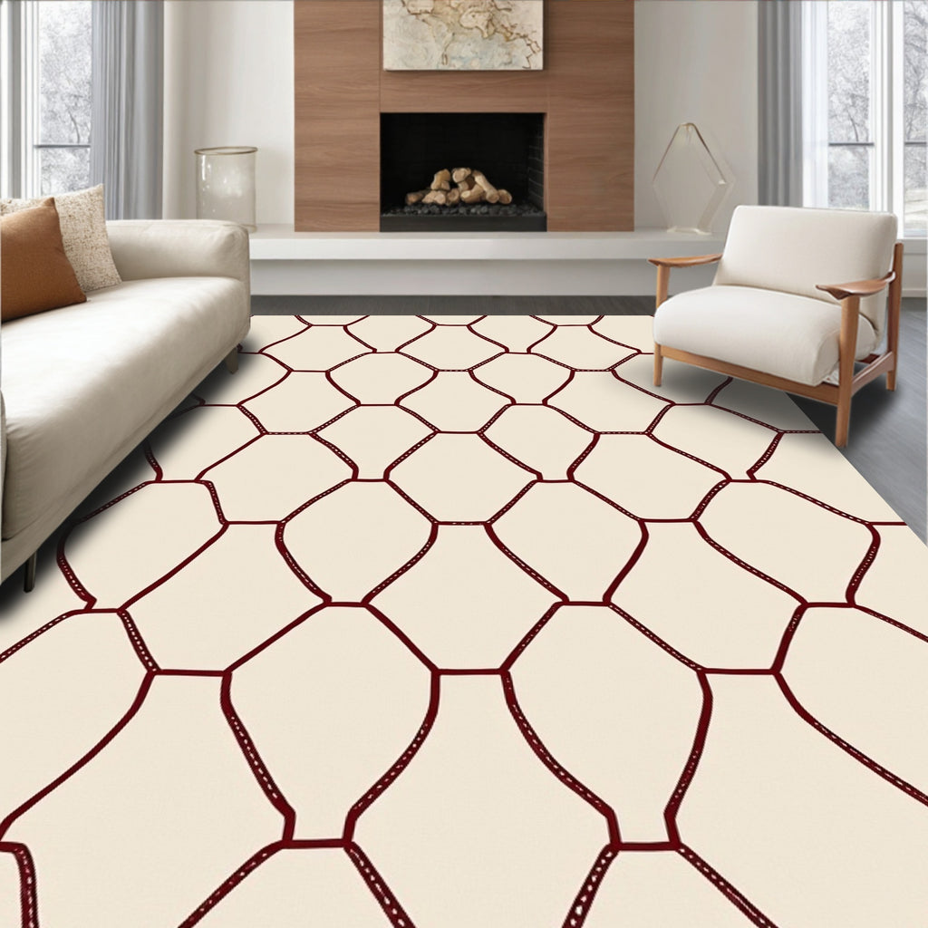 Crimson Geometric Network Pattern Rug