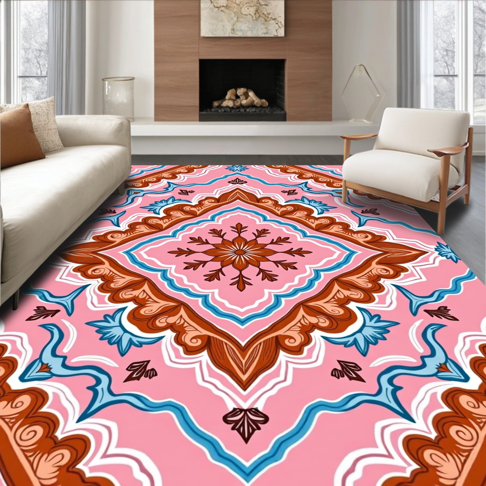 Pink Brown Blue Floral Symmetry Rug