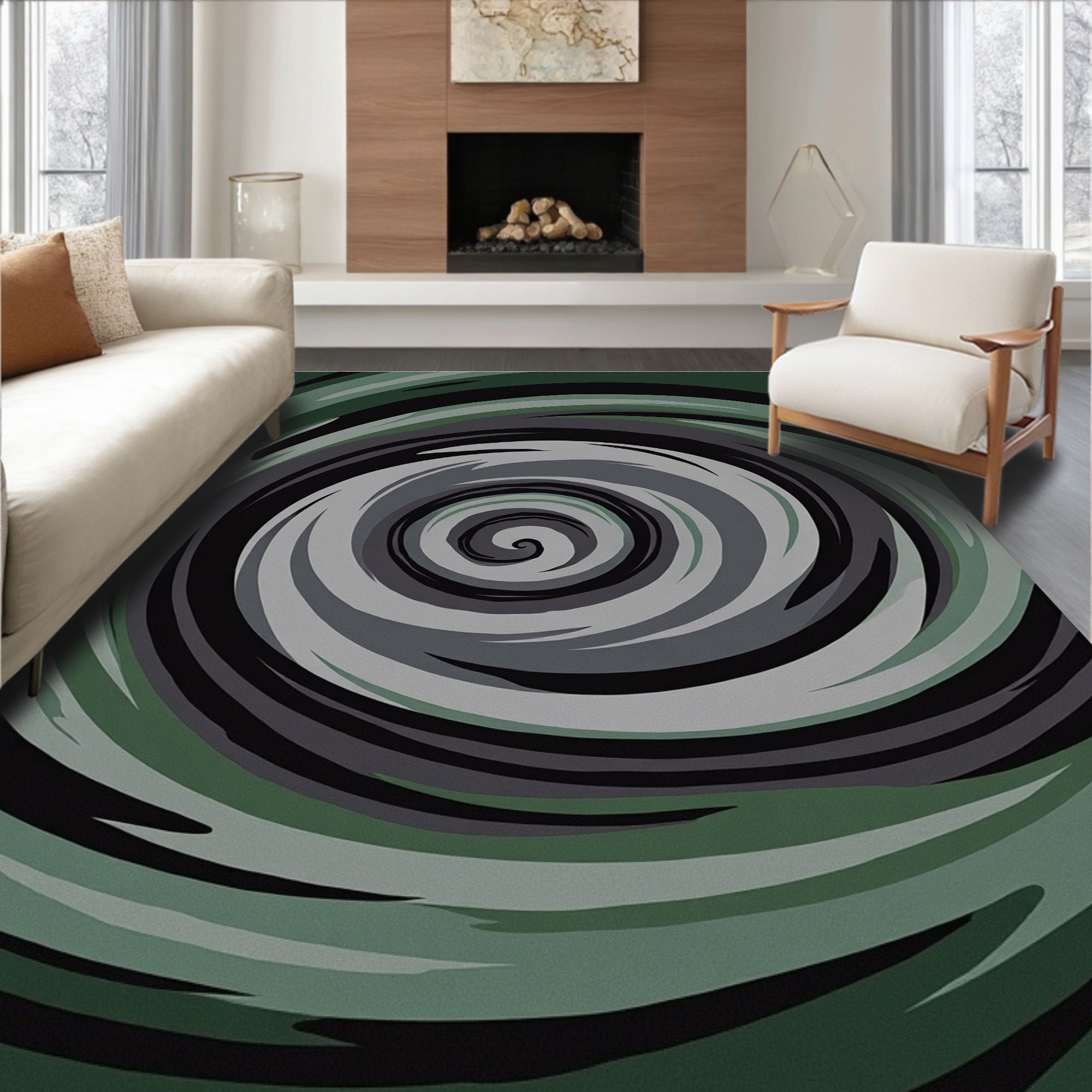 Abstract Swirls of Green and Gray Rug