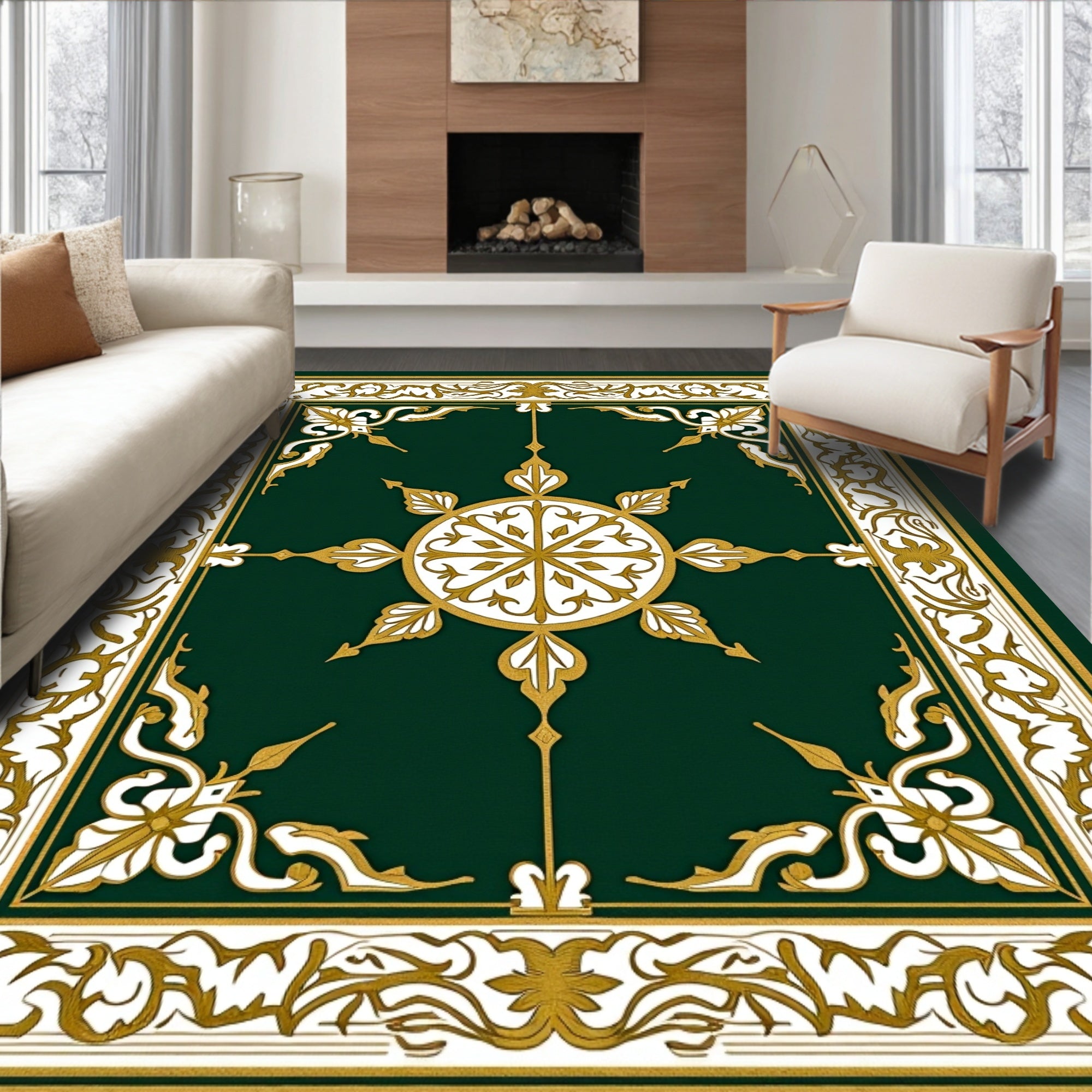 Ornate Green Gold Floral Motif Rug