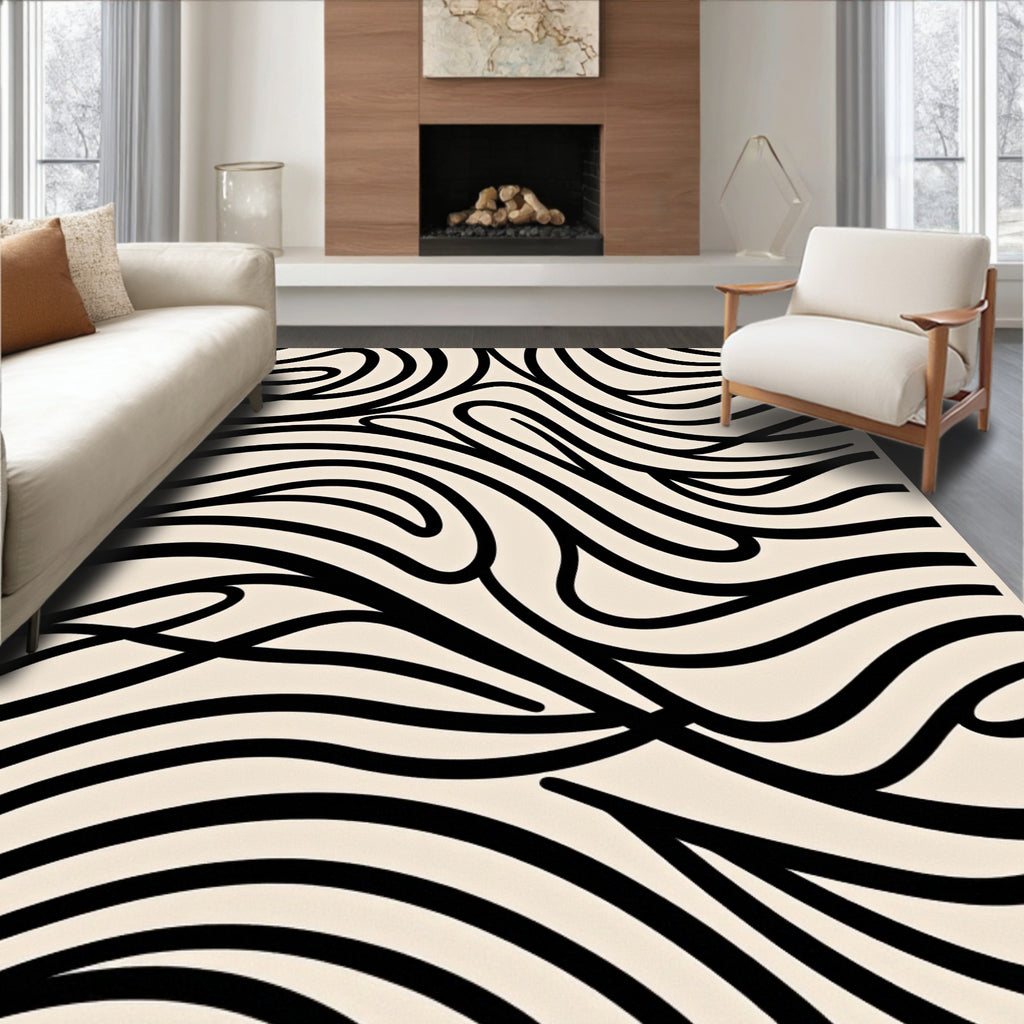 Abstract Wavy Black Line Pattern Rug