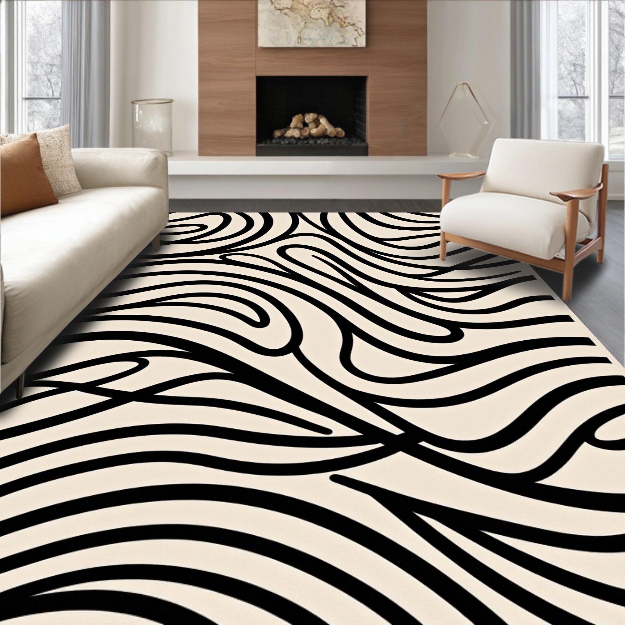 Abstract Wavy Black Line Pattern Rug