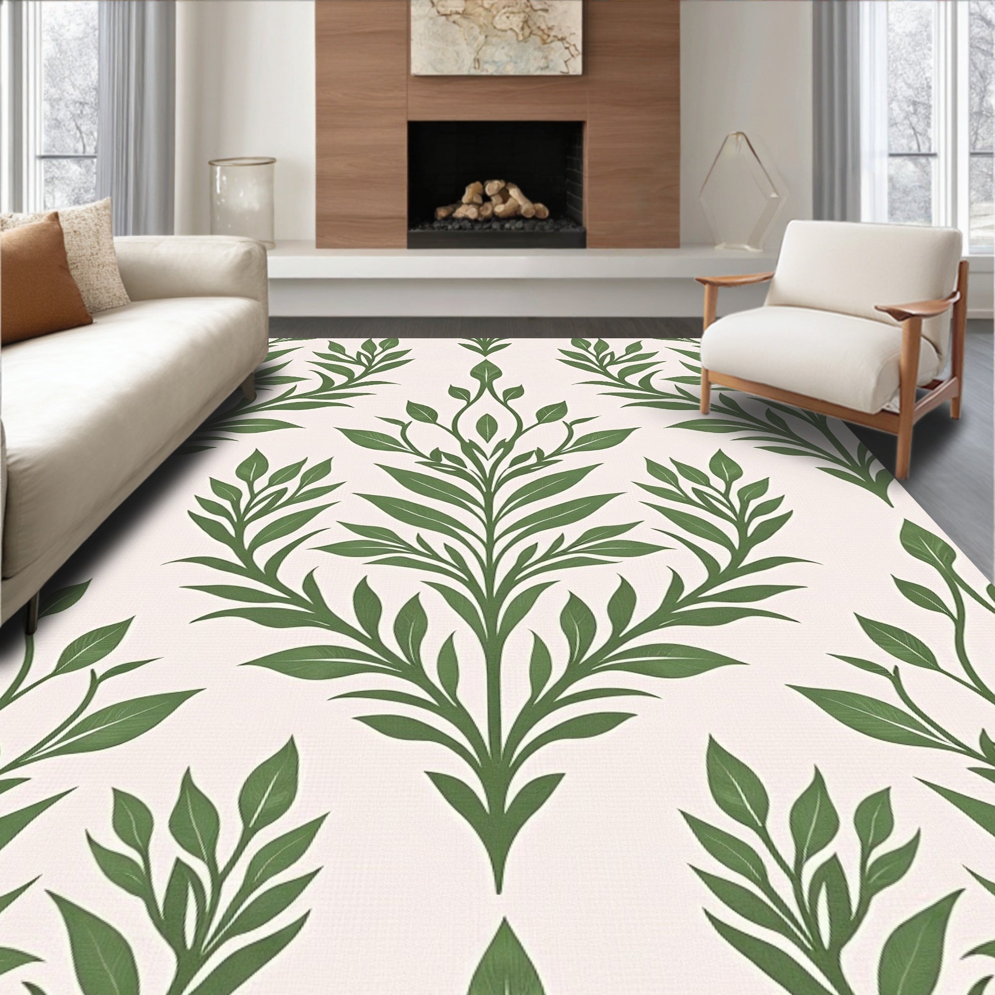 Green Leafy Damask Floral Pattern Rug