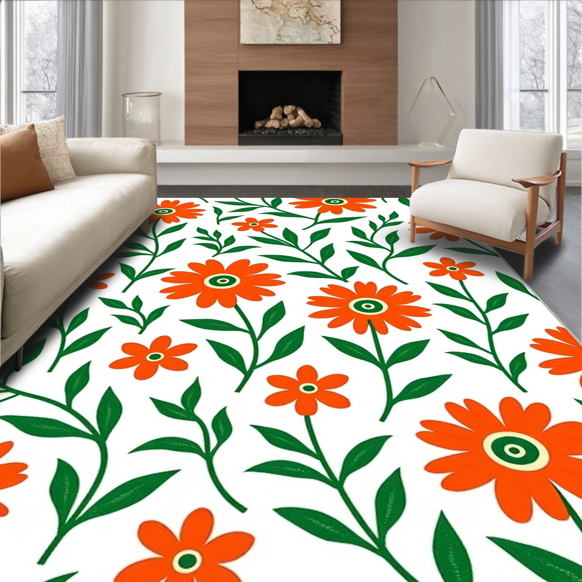 Bright Orange Floral Pattern Rug