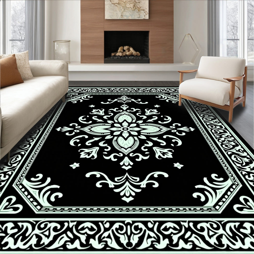 Classic Black White Floral Medallion Rug