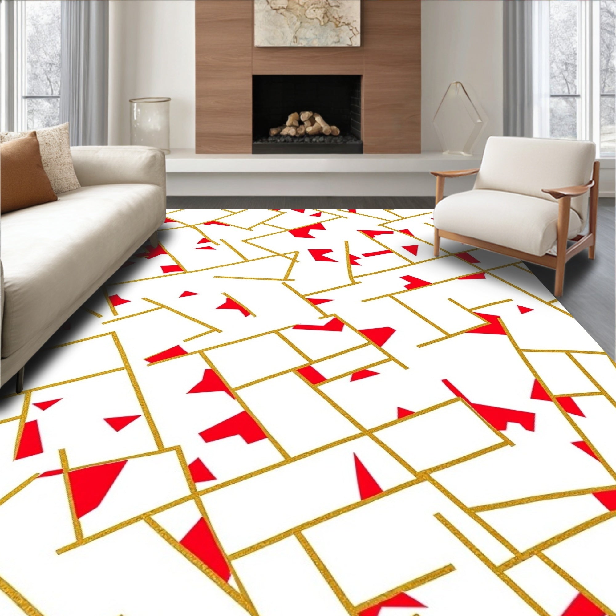 Gold Red Geometric Overlay Design Rug