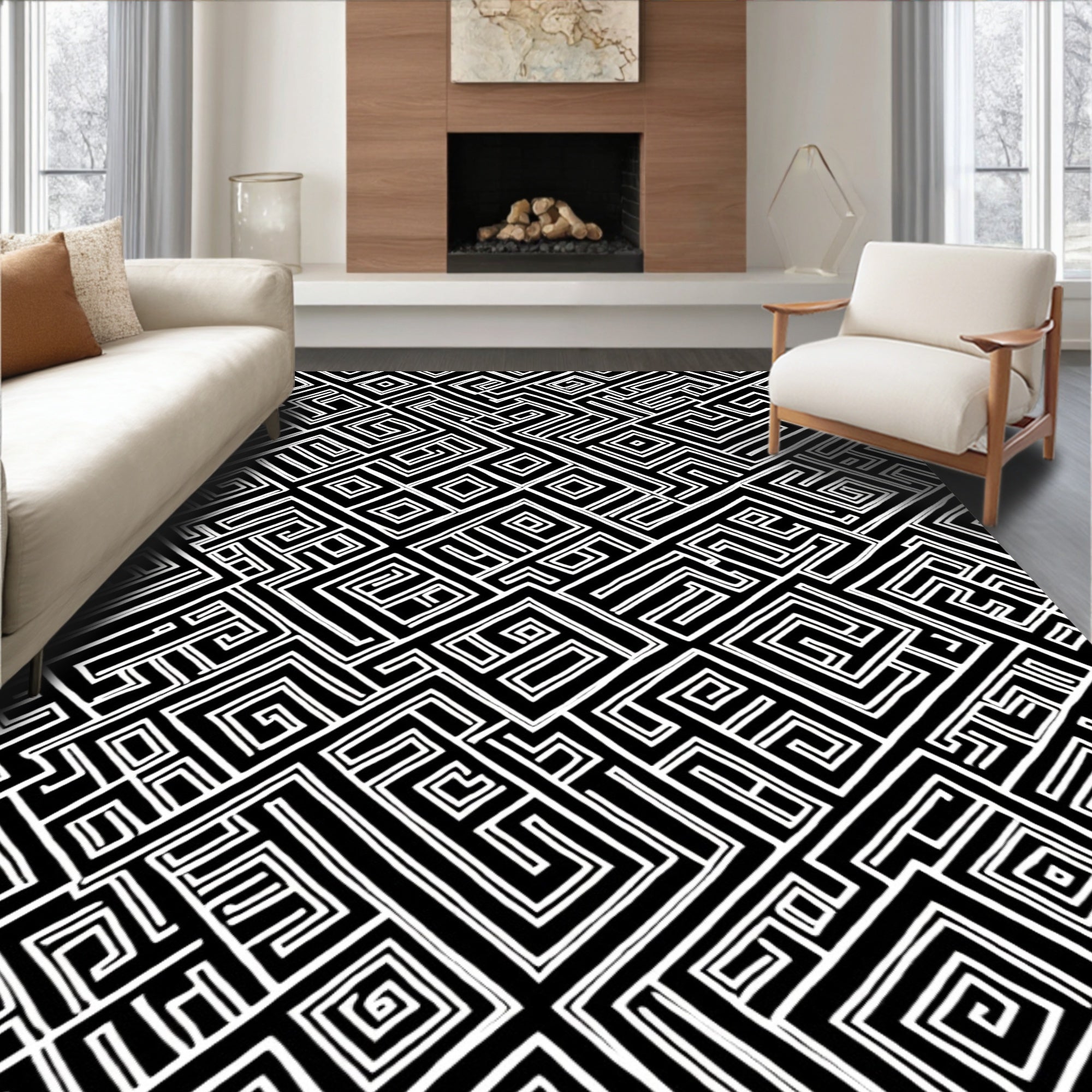 Sharp Black White Geometric Maze Rug