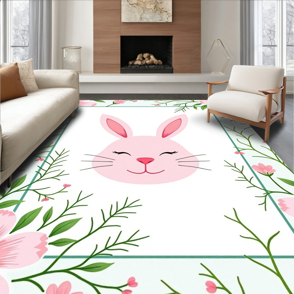 Pink Bunny Floral Spring Border Rug